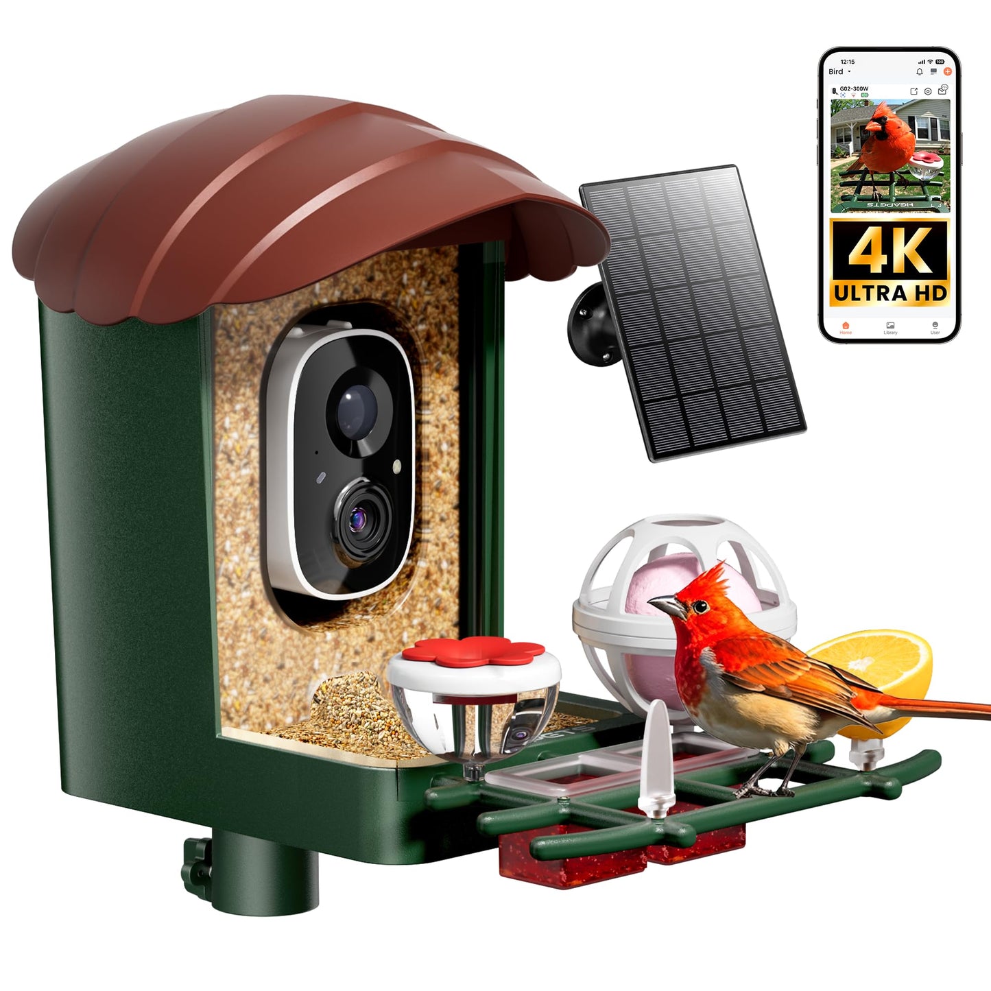 HEAPETS Bird Feeder with Camera Solar Powered, 4K UHD Video, AI Bird Recognition, Auto Capture with Instant Notifications, IP65 Weatherproof, Gifts for Seniors Bird Watchers, Brown