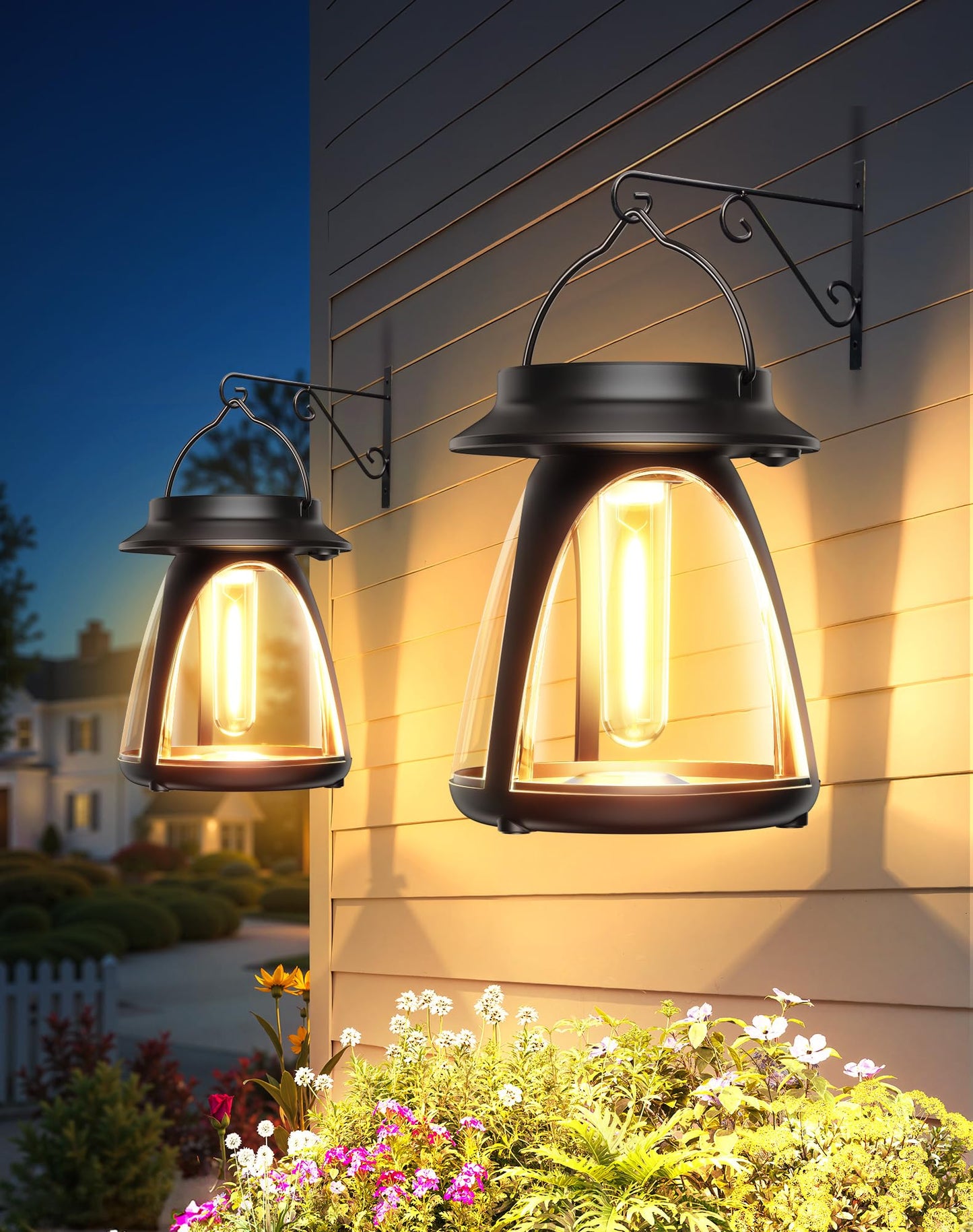 Bucasa Solar Lanterns Outdoor 2 Pack, Hanging Solar Lights Waterproof IP65, 8-14h Long time Warm Light, 2 Modes Solar Powered Modern Lantern/Lamp for Garden Patio Yard Decor, Gifts for Mom, Old Men