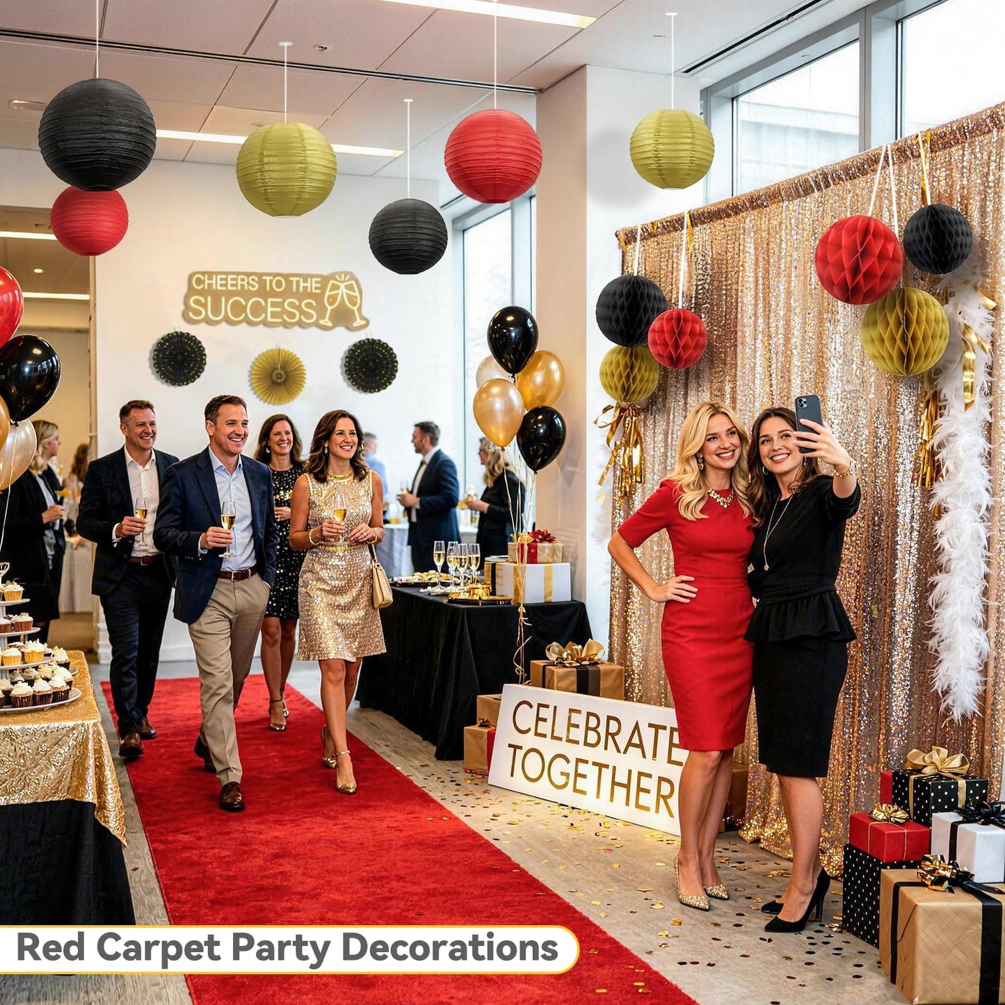 14 Pack Red Black and Gold Party Decorations Kit, Hanging Paper Lanterns & Fans for Casino Night, Red Carpet, Hollywood Theme Party, Game Night, Hibachi Party and Graduation
