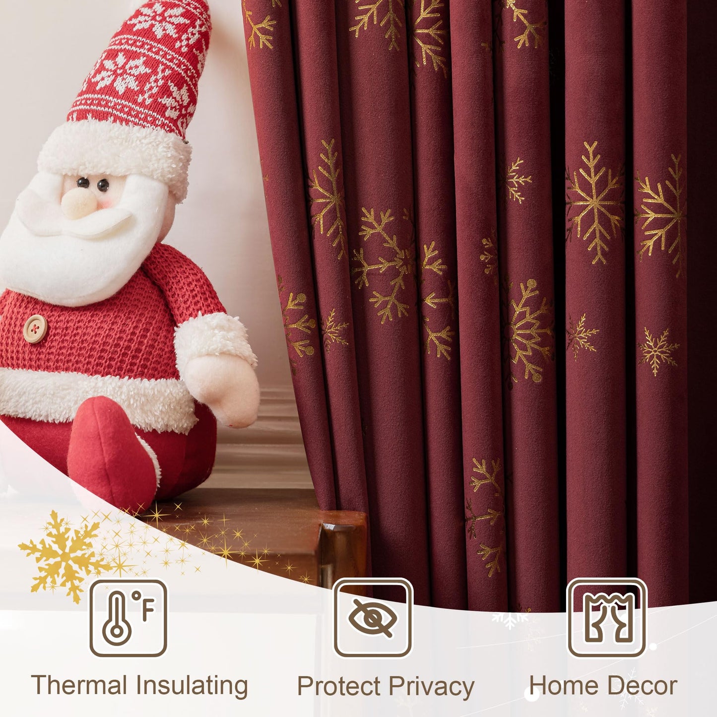 Beauoop Christmas Red Velvet Curtains 84 Inches Long 2 Panels for Bedroom Living Room Gold Snowflake Holiday Decor Burgundy Thermal Insulated Room Darkening Rod Pocket Window Treatments Drapes, 52X84