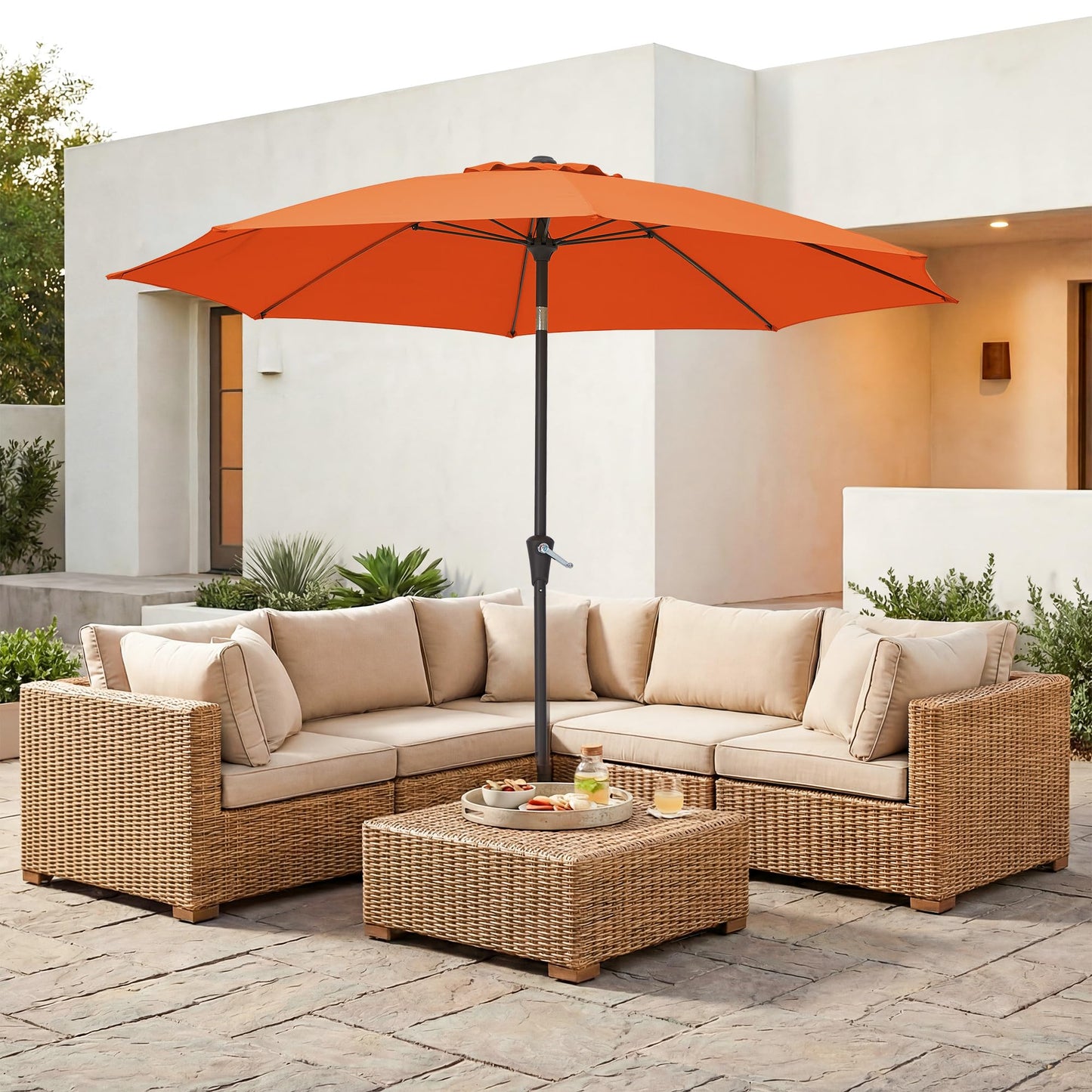 JEAREY 9FT Outdoor Patio Umbrella,Market Table Umbrella with 8 Fiberglass Ribs, Pool Umbrella with Tilt and Crank, UV Protection Lightweight & Wind-Resistant for Lawn, Garden, Deck and Backyard, Orange