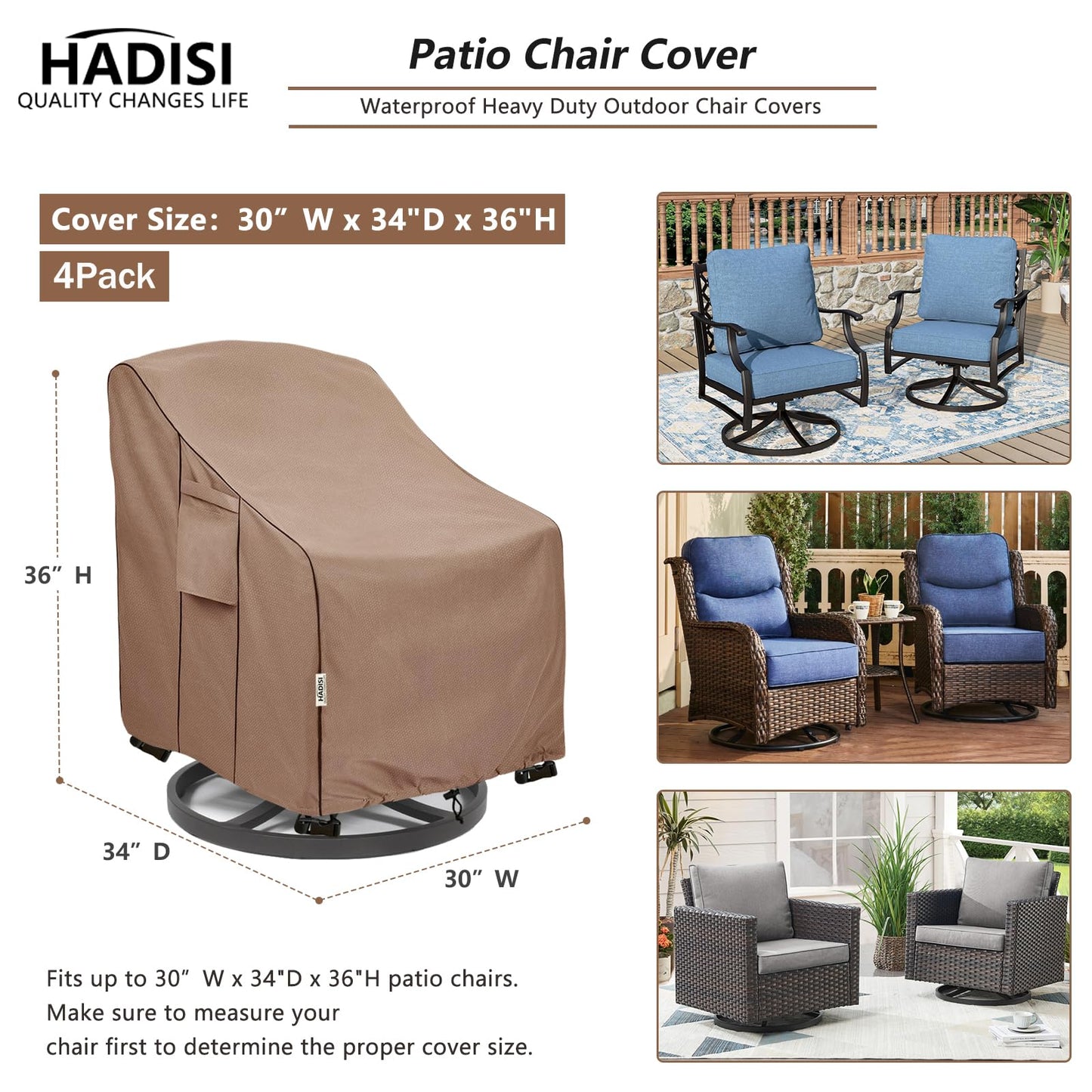 Hadisi Patio Chair Covers for Outdoor Furniture Waterproof 4 Pack, Heavy Duty Waterproof Outdoor Swivel Chair Cover (30"W x34"D x36"H - Brown)