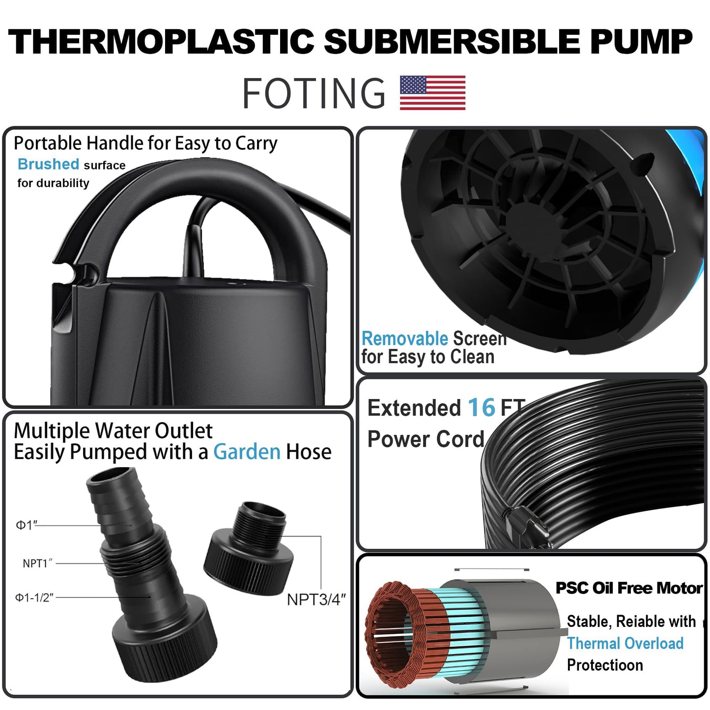 FOTING Sump Pump 3/4HP Dirty Submersible Water Pump,2400GPH Utility Pump Thermoplastic Electric Portable Transfer Water Pump for Swimming Pool Pond Basement with 16ft Power Cord, with Float Switch