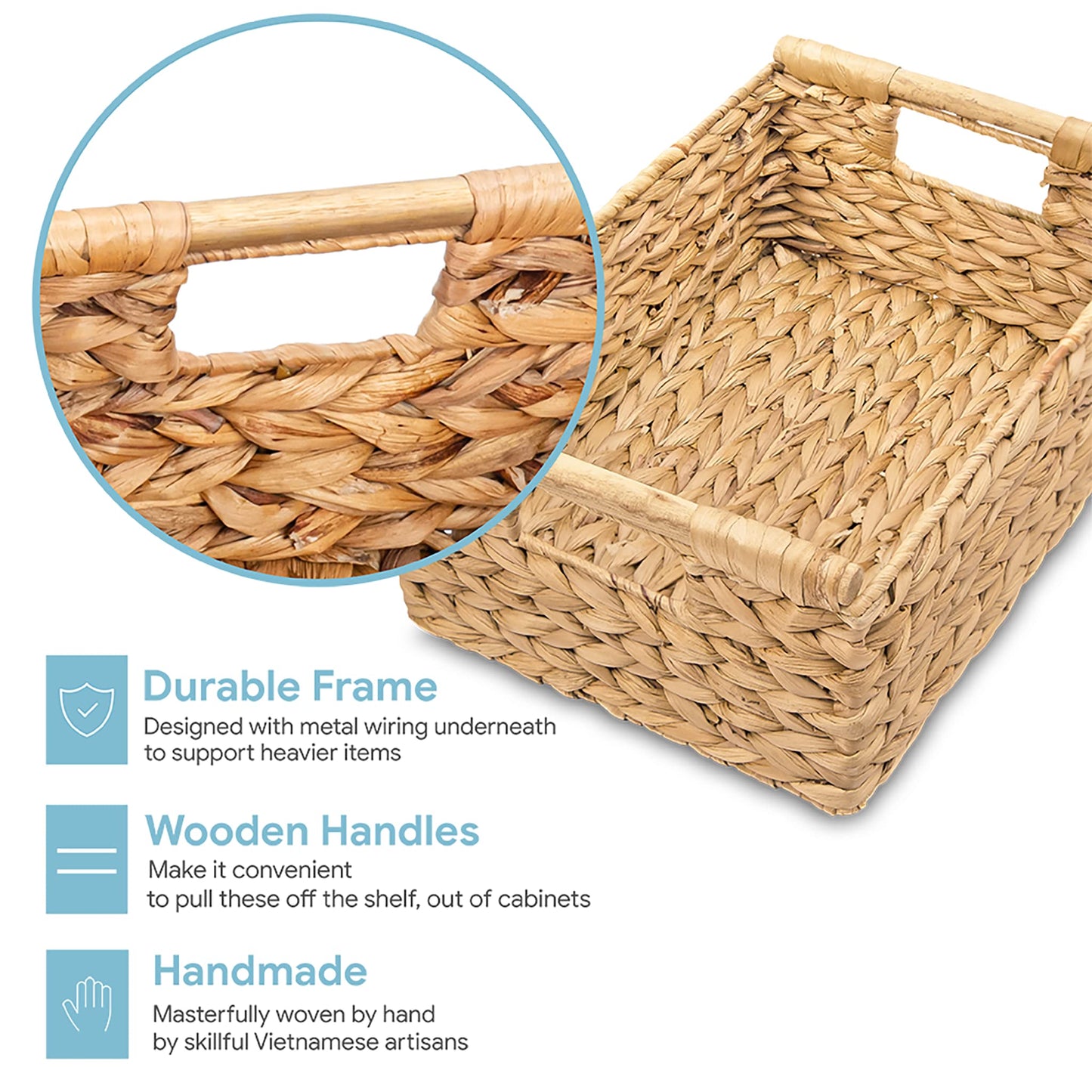 VATIMA Hyacinth Medium Wicker Basket 13.6x9.5x5.6" - With Handle, Living Room Decor, Rectangular Design