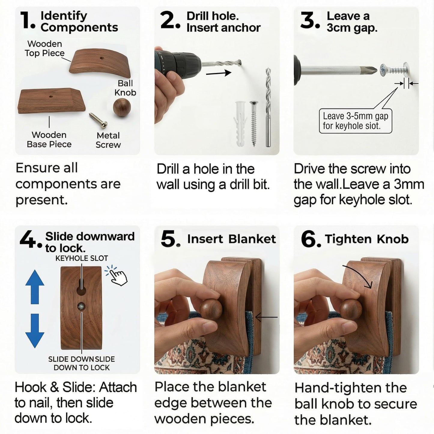 Walnut Adjustable Large Quilt Hanger for wall for Display,Wooden Heavy Duty wall Hanger Clips for Tapestry,Rug,Carpet and Duvet Covers,Poster Frame Nails and Hanging kit (Mid-Century Curved Clip)