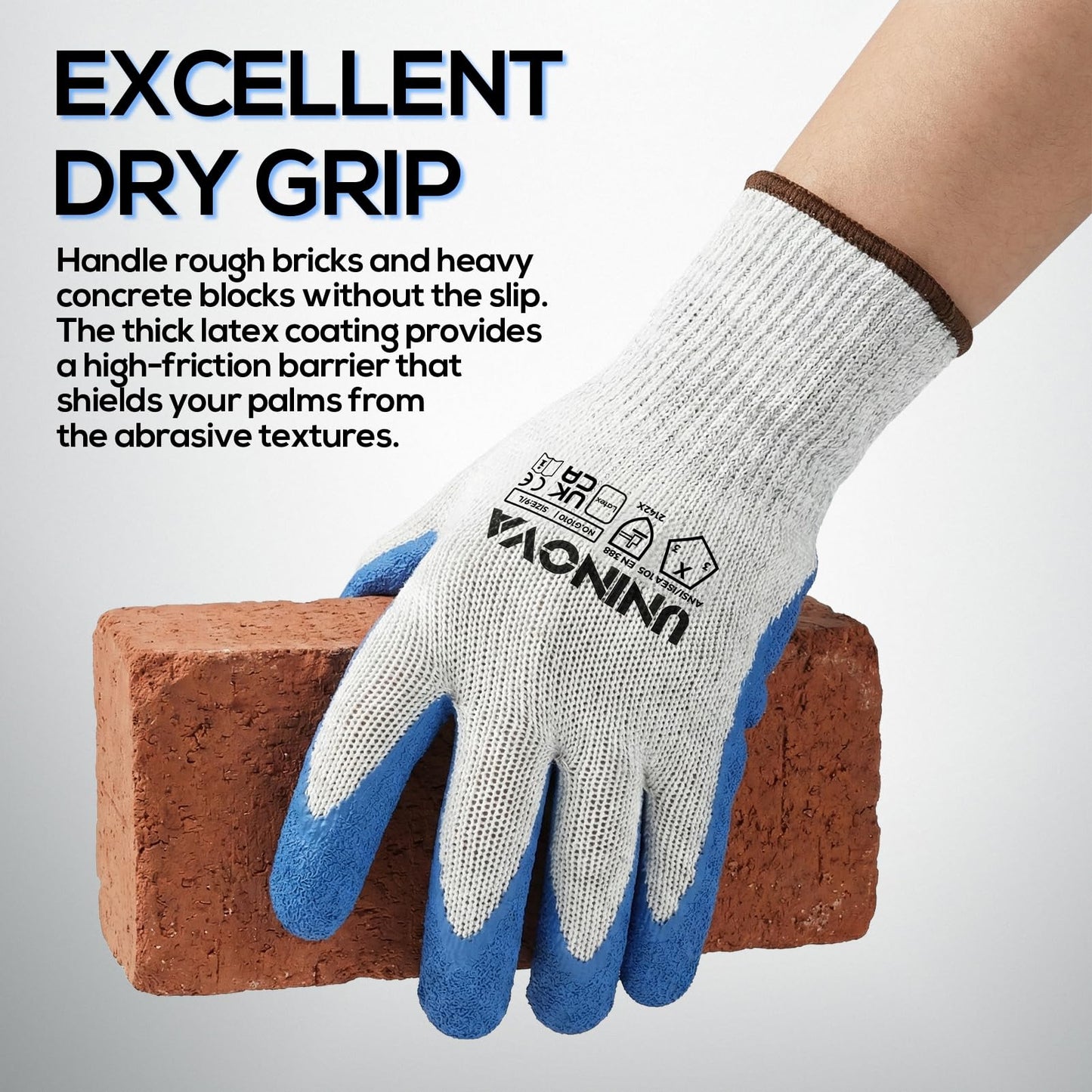 UNINOVA Work Gloves, Crinkle Rubber Latex Palm Coating, Safety Work Gloves with Grip, Non-slip Bulk for Men Women, Construction Warehouse General Handling(Large,12Pairs)