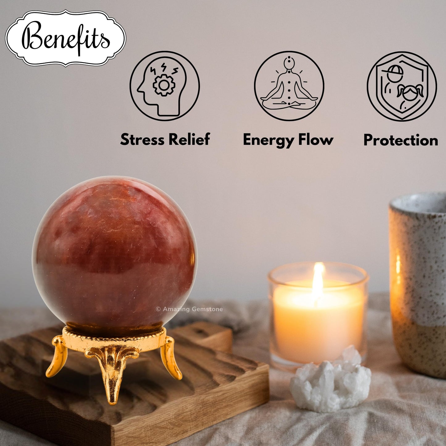 Amazing Gemstone Strawberry Quartz Crystal Ball with Stand - 2 Inches Crystal Sphere Meditation Balls for Witchcraft and Decorative Balls