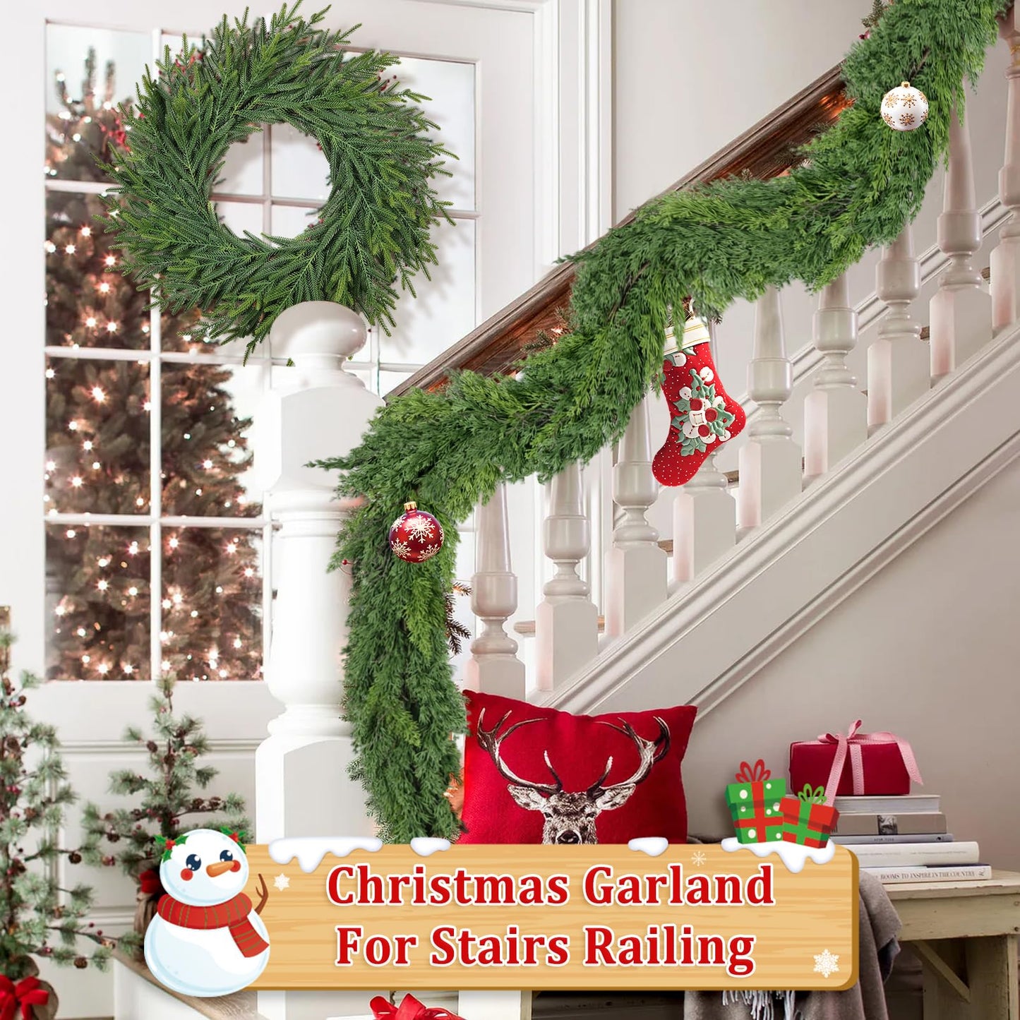 9Ft Christmas Garland for Staircase Railing Soft Bendable Real Touch Artificial Cedar Pine Green Xmas Mantle Garland for Fireplace Porch Table Home Room Yard Christmas Indoor Outdoor Decor(Cedar Pine)