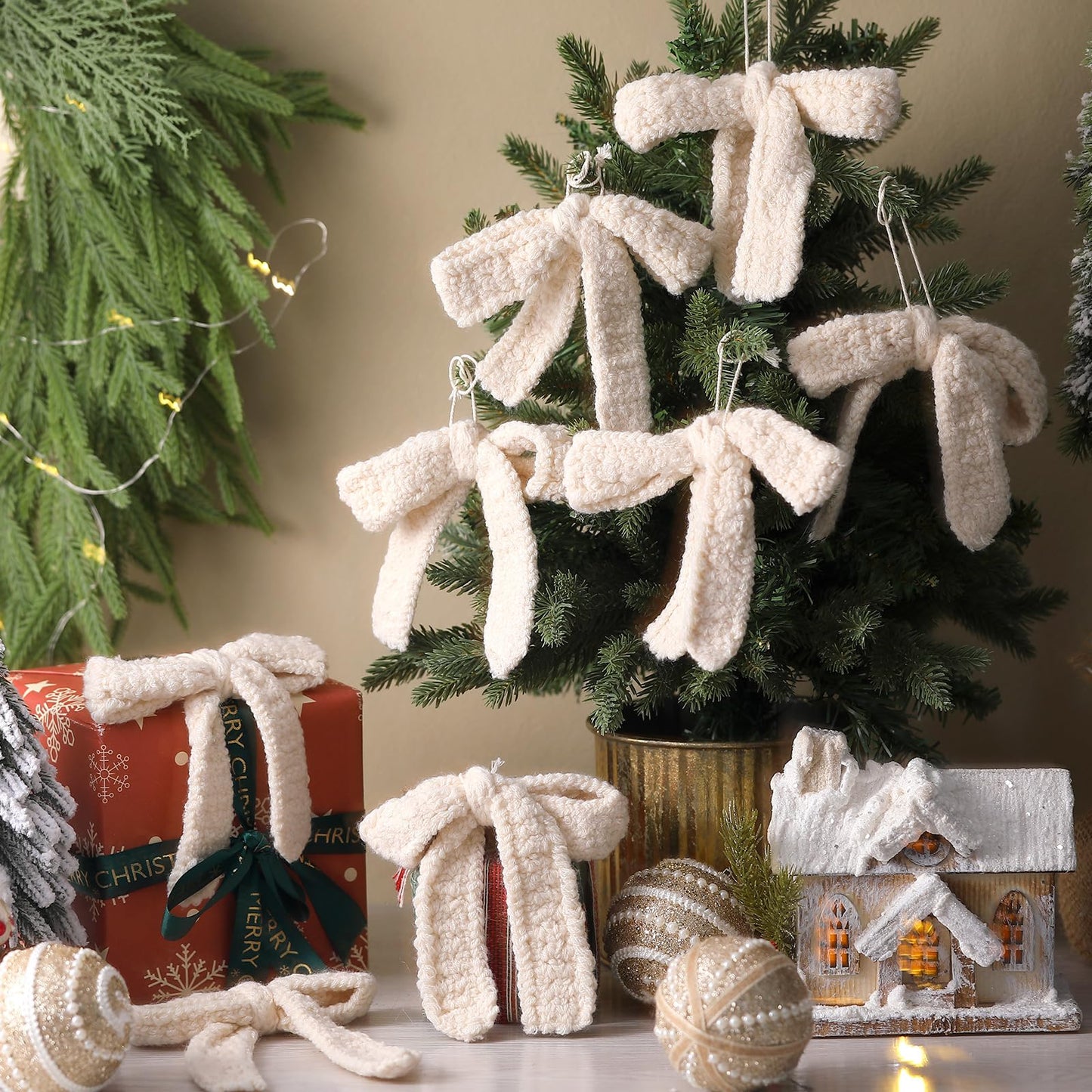 Soulchen 12 Pcs Crochet Bow Christmas Ornaments Large Neutral Christmas Knitted Ornaments Boho Bownot Hanging Handmade Decoration for Xmas Tree Farmhouse Rustic Decor Holiday Fireplace Garland Decor