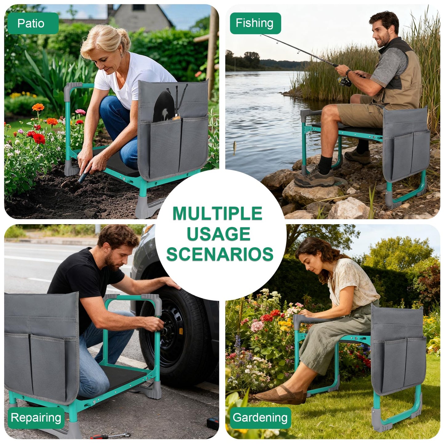 WEILISEN Garden Kneeler and Seat, 2-in-1 Foldable Garden Bench with Non-Slip EVA Foam Pad, Storage Bags, Glove, Portable Gardening Stool for Kneeling & Sitting, Ideal for Gardeners, Patio, Fishing