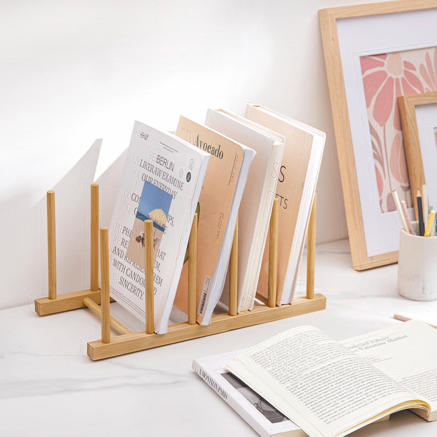 HBlife Desk File Organizer 5 Section Upright File Sorter, 1 Pack Bamboo File Holder for Home, Office & School