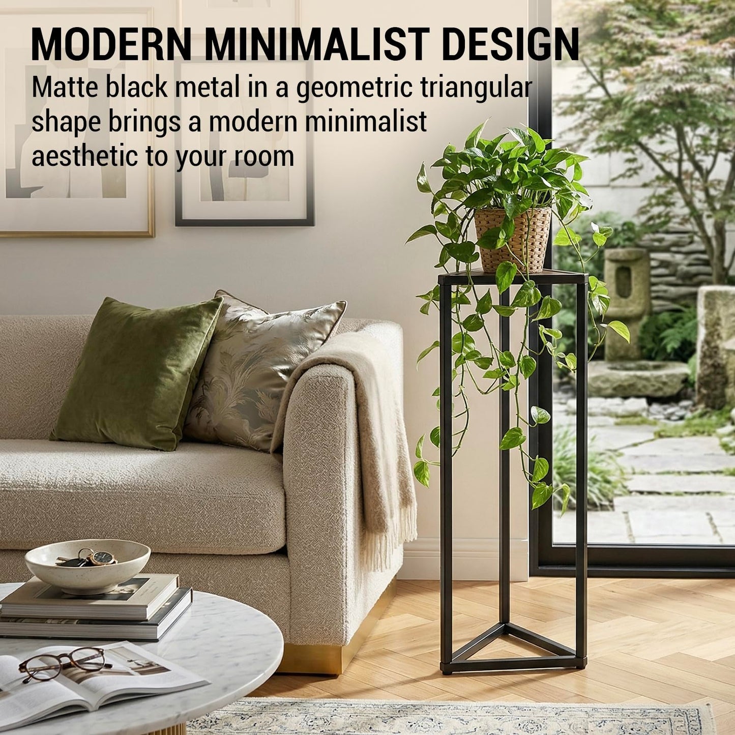 MyGift 36 Inch Tall Plant Stand Indoor - Modern Triangular Corner Plant Stand, Large Torched Wood and Black Metal Frame Plant Pot Pedestal Holder