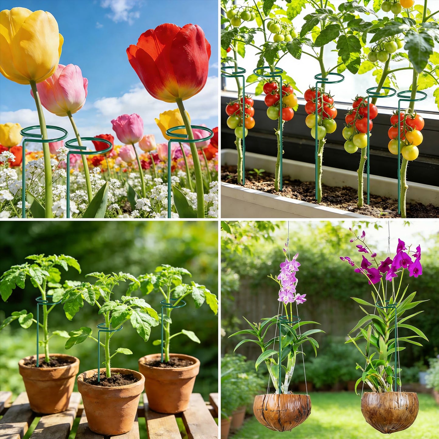 Unves 12 Pack Plant Stakes, 24 Inch Garden Plant Support Stakes, Green Single Stem Plant Cage for Outdoor & Indoor Plants Orchid, Tomatoes, Peony, Lily, Rose, Sapling with 100 Pcs Twist Ties