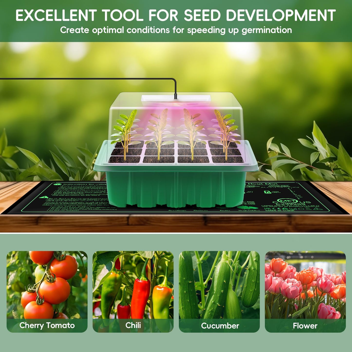 Verdenu 3PK Seed Starter Tray with Grow Lights and Tempe-Control Heat Mat, 36-Cell Large Seedling Starter Kit with Humidity Dome, Adjustable LED Lighting for Seed Germination,Temperature Adjustable