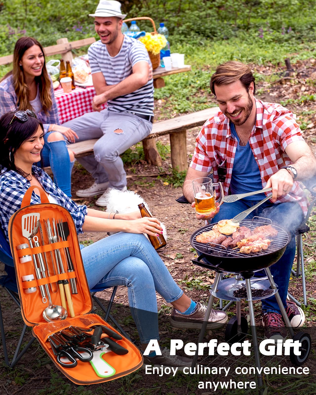 Hozzen 45-Pcs Camping Cooking Utensil Set - Car Camping Essentials Gear for Cooking and Grilling, Portable Camp Kitchen Set, Ideal Gift for RV Tent Camper, Picnics, BBQs, Parties
