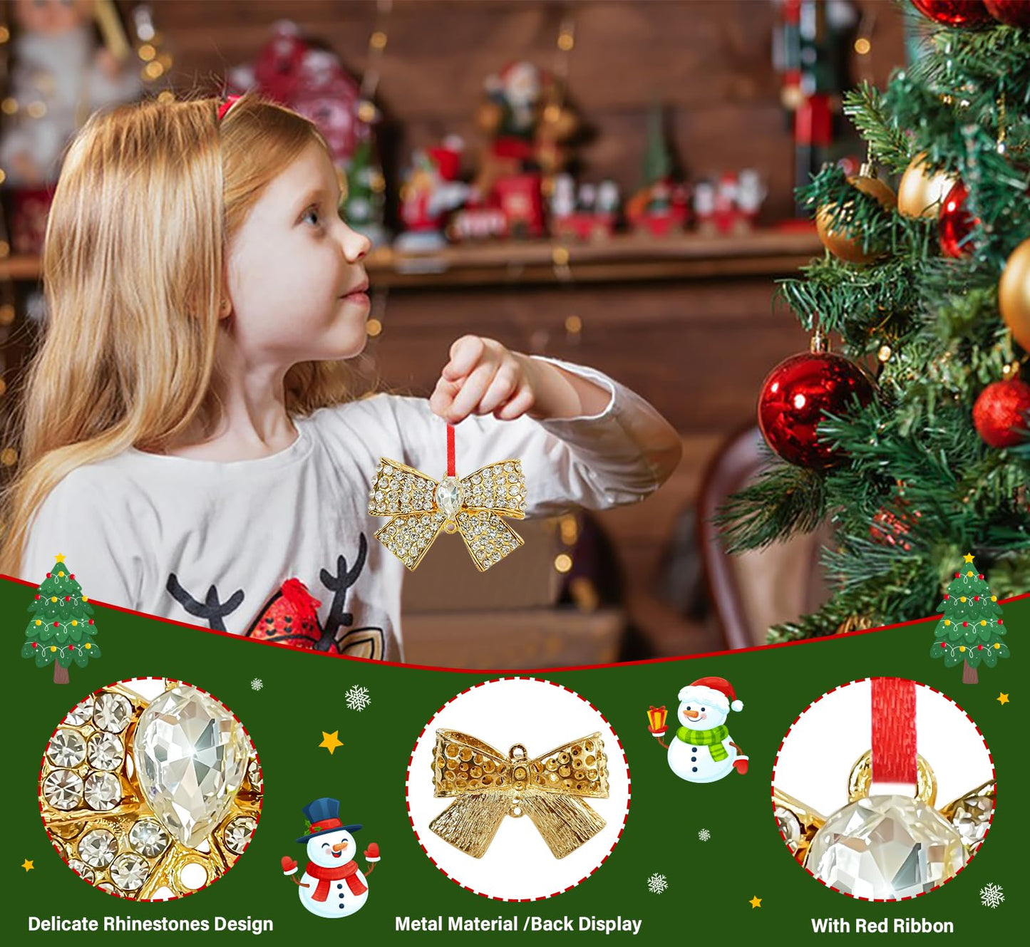 GMEMNOV Bow Christmas Ornaments - Bow Ornament for Christmas Tree Metal Bowknot Ornament Xmas for Kids Girls Women