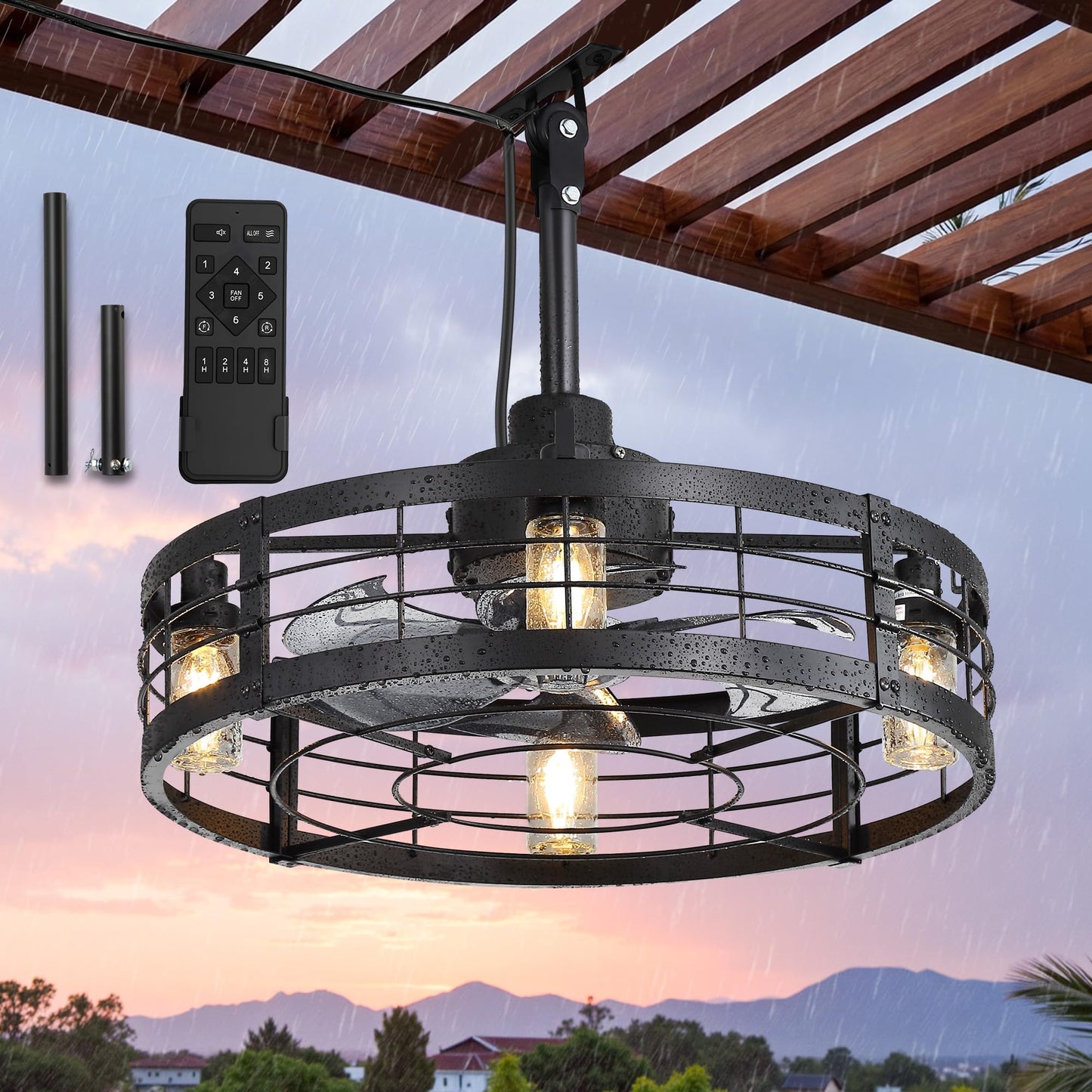 LEDIARY 22" Outdoor Ceiling Fans with Light, Waterproof Gazebo Fan with Hanging Hook, Plug in Ceiling Fan with Remote,Caged Ceiling Fan with 6 Speed Timer for Patio, Porch, Pergola, Black