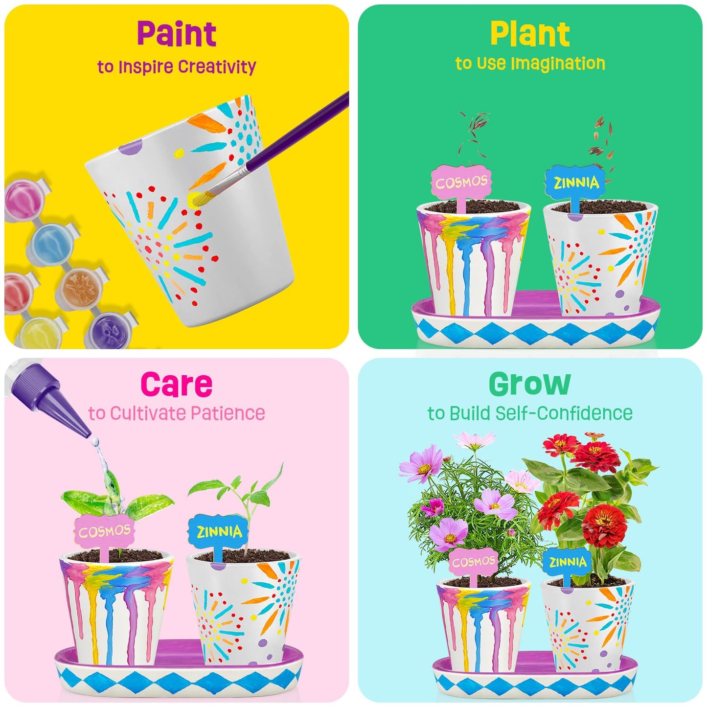 4 Set Paint & Plant Flower Gardening Kit - Gifts for Girls Ages 8-12, Arts and Crafts for Kids Ages 8-12, Kids Gardening Set, Toys Birthday Easter Gifts for Kids Girls Boys Ages 6 7 8 9 10 11 12