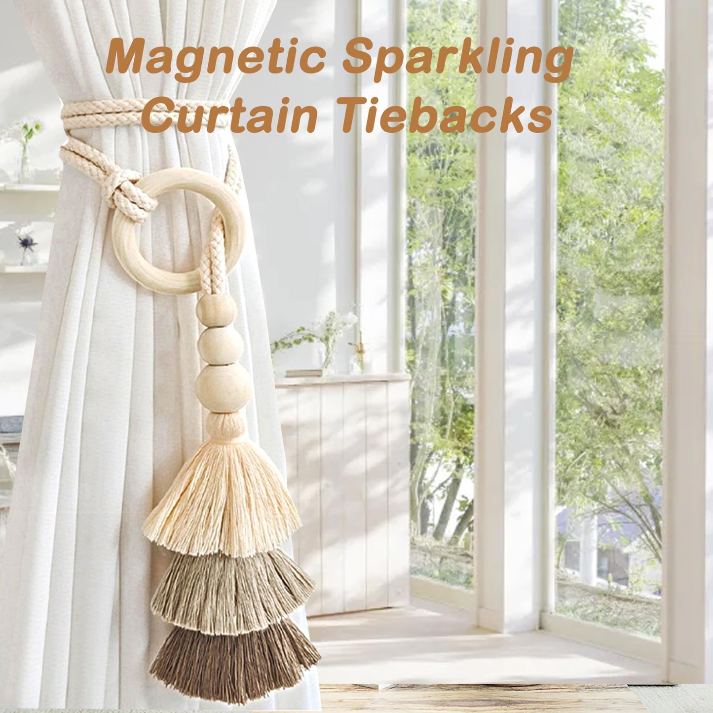 SRG Rope Curtain Tiebacks with Tassel Boho 2 PCS Handmade Wooden Ring Curtain Tie Backs Accessories Wall Decoration Drapery Curtain Holdbacks for Bedroom Window