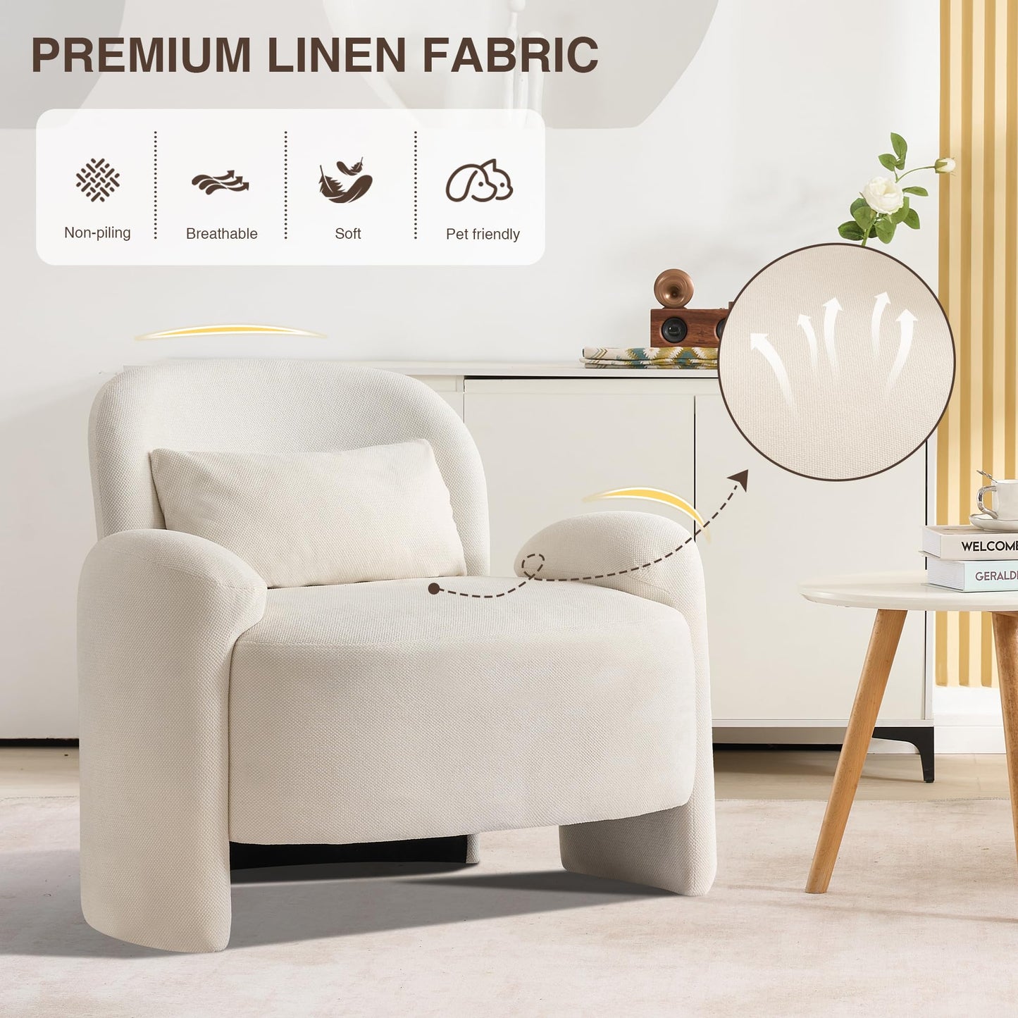 LOULENS Oversized Accent Chair, Modern Linen Fabric Lounge Armchair for Living Room, Upholstered Comfy Reading Single Sofa Chair for Bedroom, Waiting Room, Corner, Office, Beige