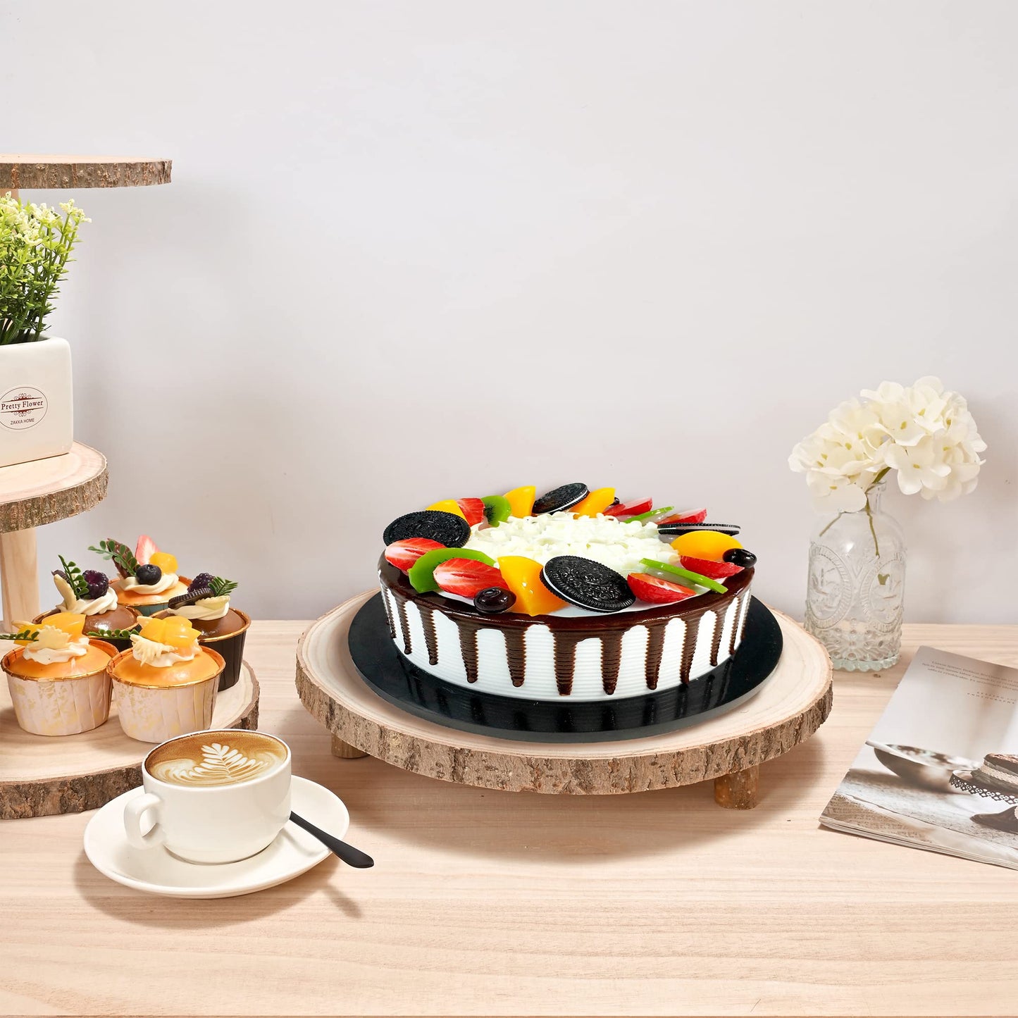 WILLOWDALE Wood Cake Stand for Dessert Table, Fit for 11 Inches Cake, Wedding Cake Stand Farmhouse Serving Tray for Party, Wood Slice Round Cake Holder Rustic Decor Table Centerpieces for Dining Room