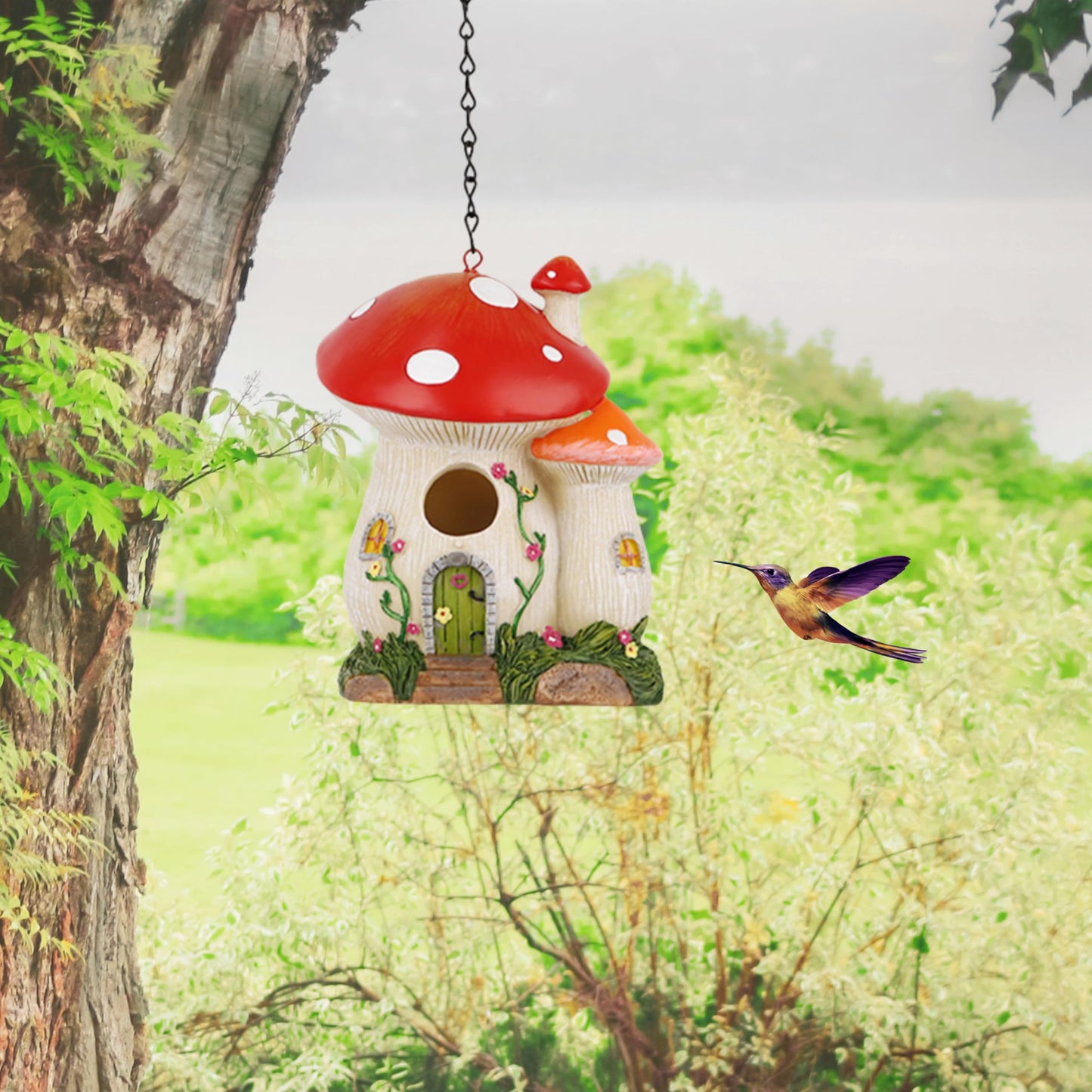Bluebird Houses for Outside, Bird Houses for Outside, Mushroom Cute Resin Birdhouses for Outdoors, Weatherproof Courtyard Decorated Hanging Bird House, Nesting Bird House, Gift for Bird Lovers (Red)