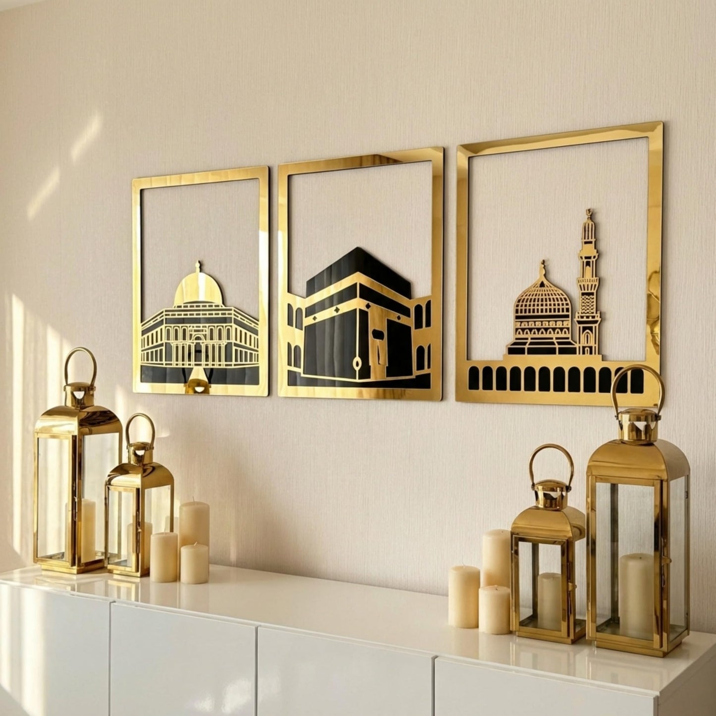 iwa concept Masjid Al Aqsa, Kaaba & Masjid An-Nabawi Islamic Wall Art, Wooden Blessed Places Islamic Wall Decor, Gift for Muslims at Ramadan Eid (Small, Gold | All Three)