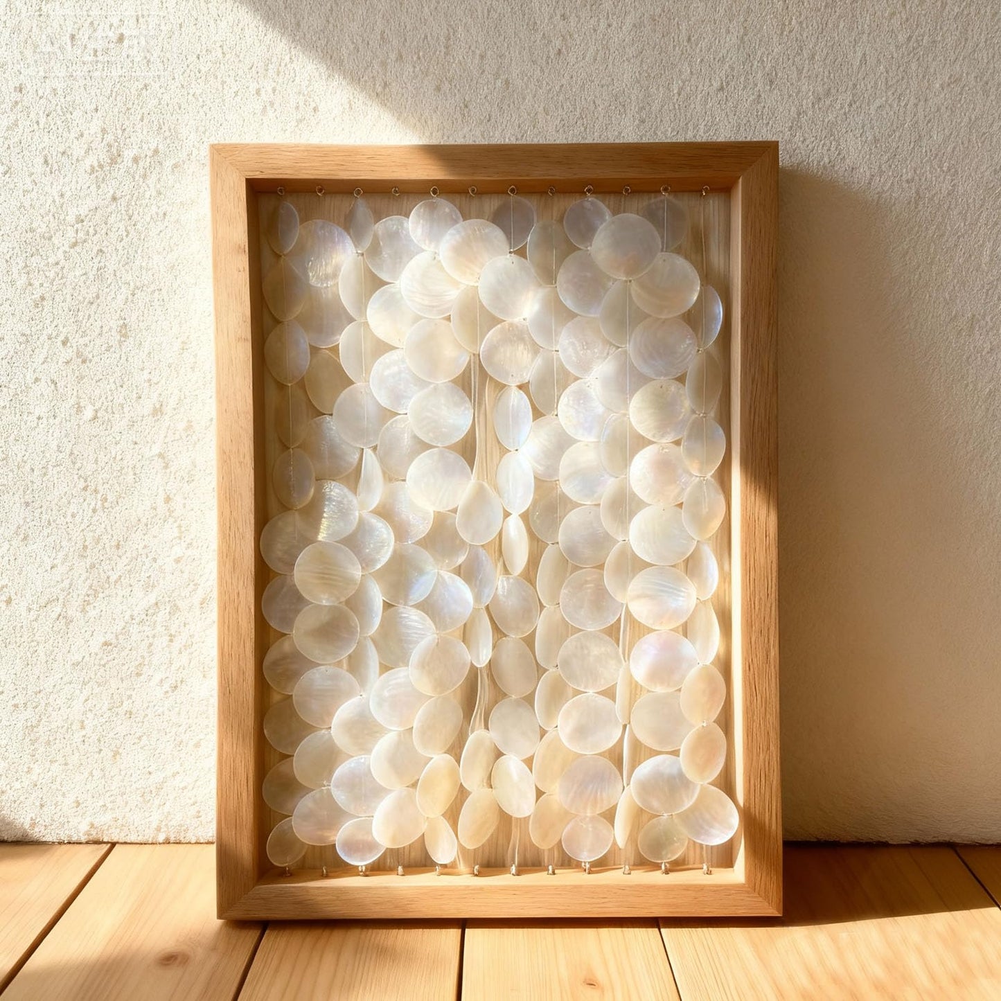 Vechor Handmade 24"x15.7" Capiz Shell Wall Art, Coastal Beach Décor，Solid Wood Frame, Natural White Seashell Hanging for Living Room, Bedroom, Office
