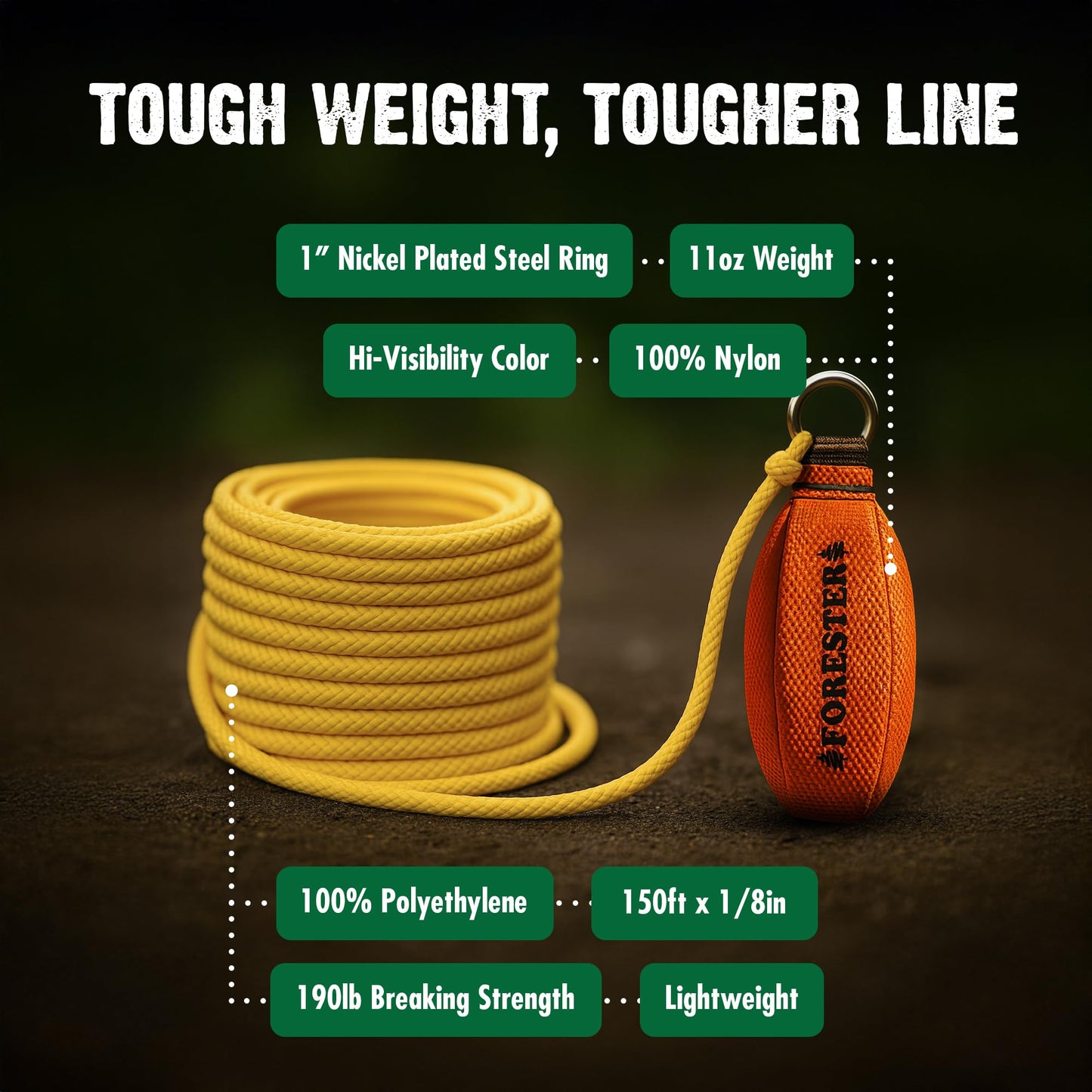 FORESTER 11oz Professional Throw Line Kit with Storage Bag | 150ft Polyethylene Throw Line, Arborist Throw Weight, and Throw Bag
