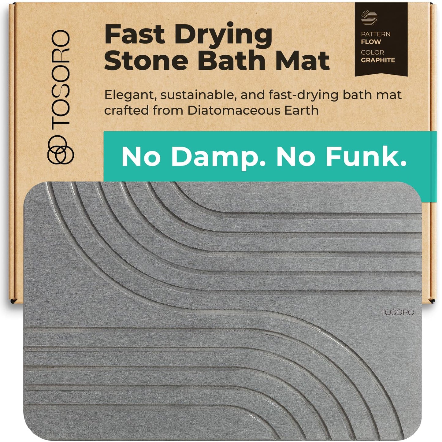 TOSORO - Stone Bath Mat Diatomaceous Earth Shower Mat Non-Slip Super Absorbent Diatomite Stone Bath Mats for Bathroom Floor Quick Drying Natural Easy to Clean (23.5 x 15) - Graphite