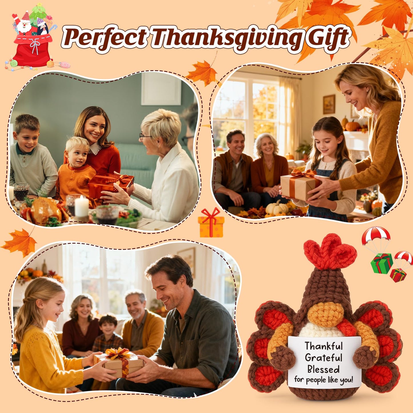 YUEYUQIU Thanksgiving Gifts for Women Men, Thanksgiving Decorations for Home, Handmade Crochet Gnome, Fall Party Decor Presents for Women Family Adults Friend, Thankful Grateful Blessed Hostess Gift