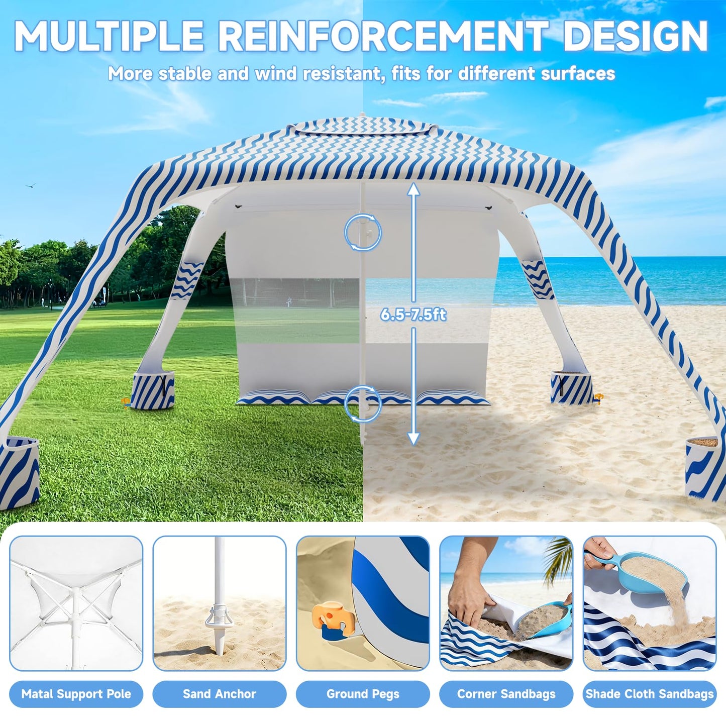 Beach Cabana with 4-Corner, UPF50+ Beach Canopy, Adjustable Height Beach Tent Sun Shelter, Sun Umbrella with Removable Side Wall, Shade Sun Shelter for Beach, Garden, Camping (Wave Pattern)