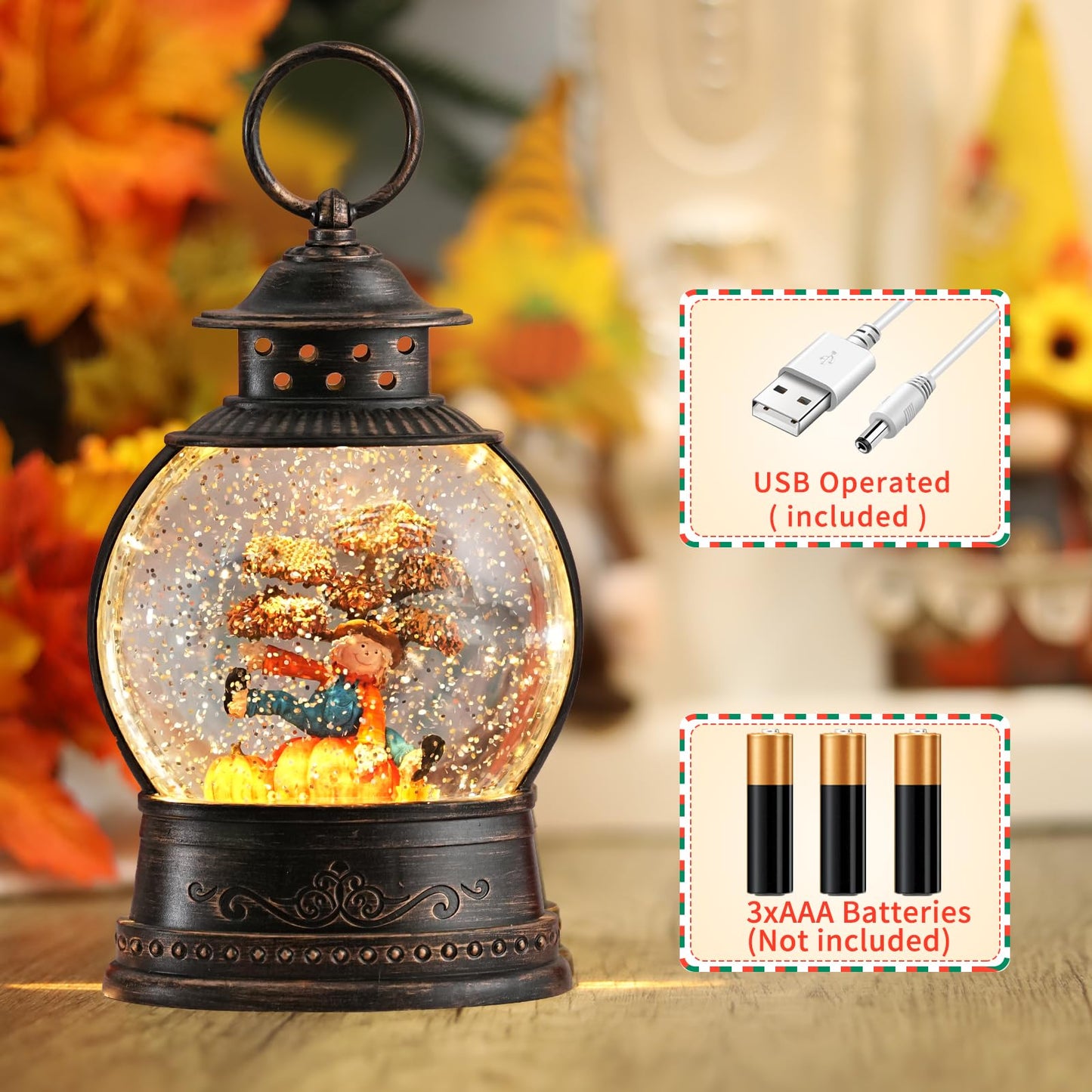 Thanksgiving Decorations Snow Globes, Light Up Snow Globe Lantern with Scarecrow Pumpkin, 6H Timer, USB & Battery Operated Fall Decorations for Autumn Thanksgiving Harvest…