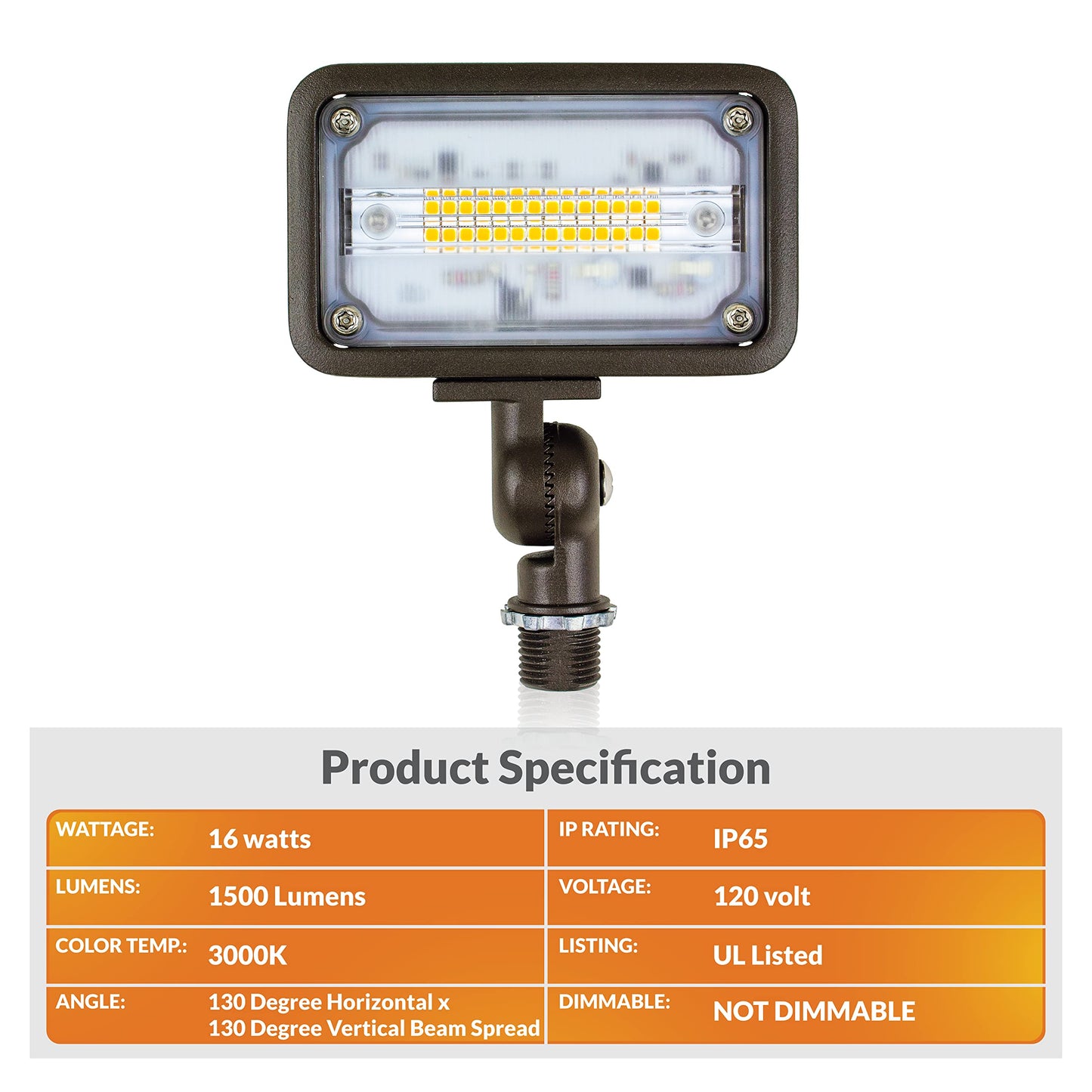 Newhouse Lighting WW15BRZ 16-Watt Outdoor Die-Cast Aluminum LED Wall Wash Flood, Weatherproof Landscape Lighting 1500 Lumens, 3000K Warm White, 120V, 1/2" Knuckle Mount, Bronze