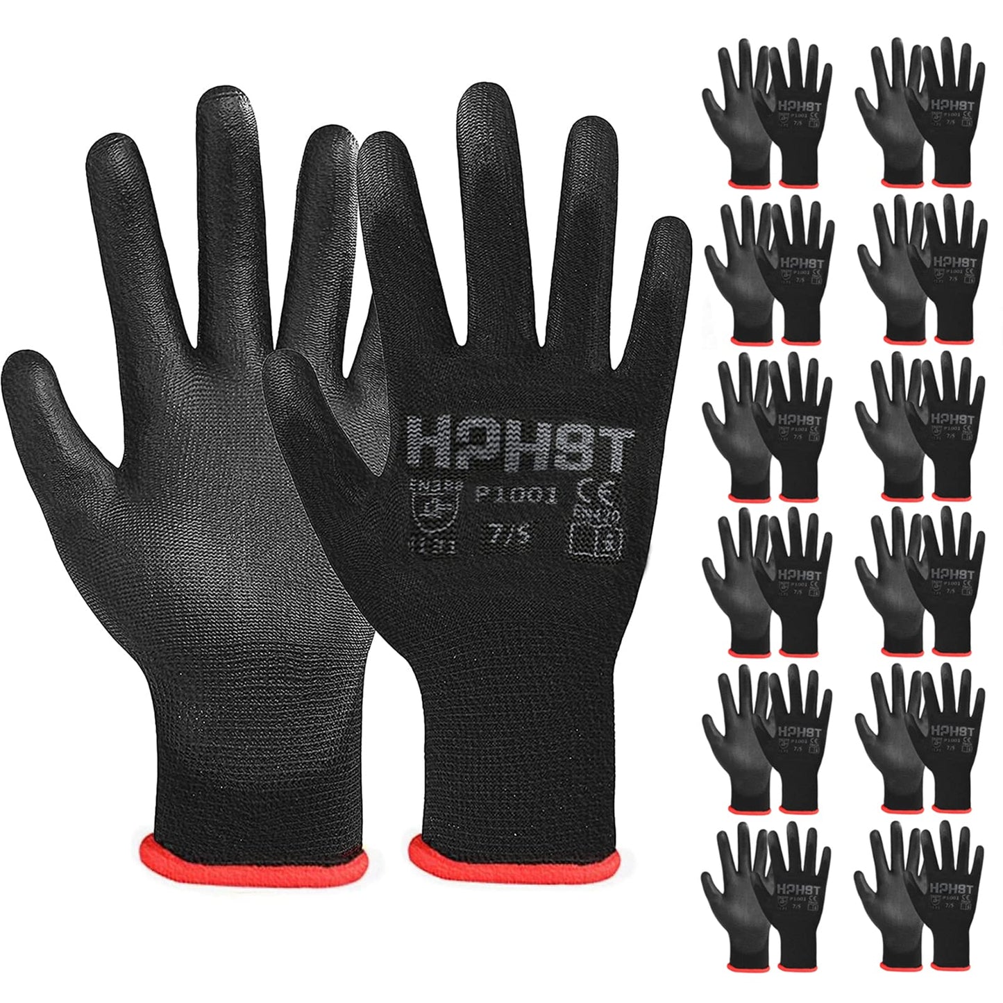 HPHST PU Coated Safety Work Gloves, 12 Pairs, Black, X-Large