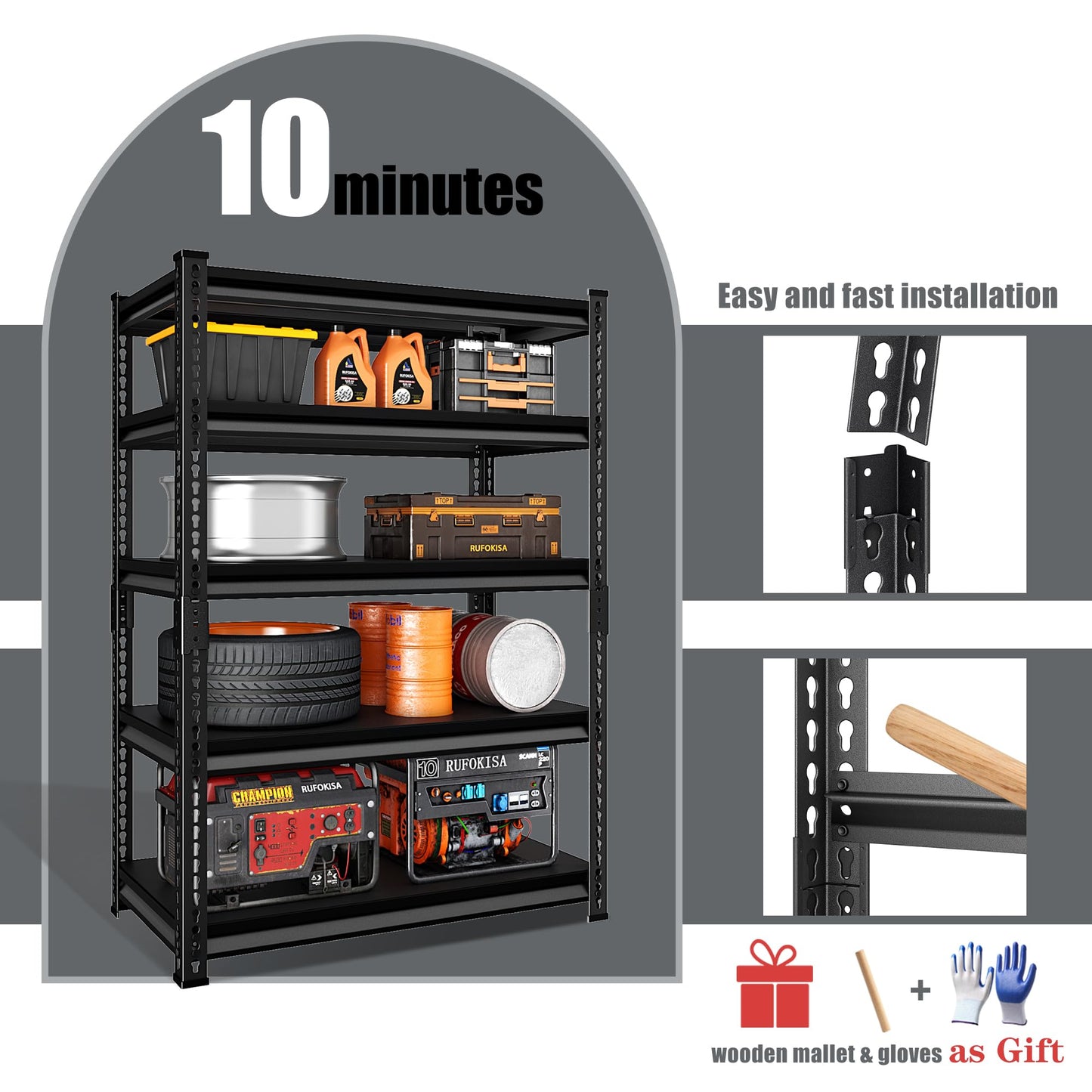 Rufokisa 5-Tier Garage Shelving Heavy Duty, 72" Metal Shelving Unit - 2250 lbs Load Capacity, 40"W x 18"D x 72"H (Black)