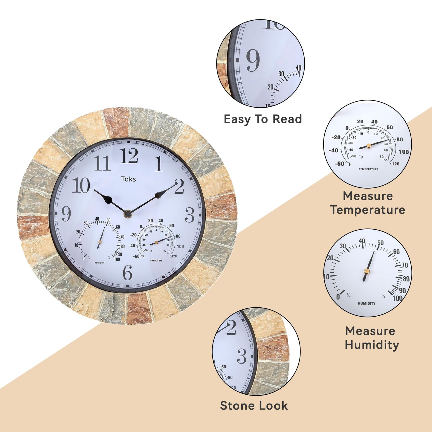 Lily's Home Hanging Wall Clock, Includes a Thermometer and Hygrometer and is Ideal for Indoor and Outdoor Use, Wonderful Housewarming Gift for Friends, Faux-Stone (13 Inches)