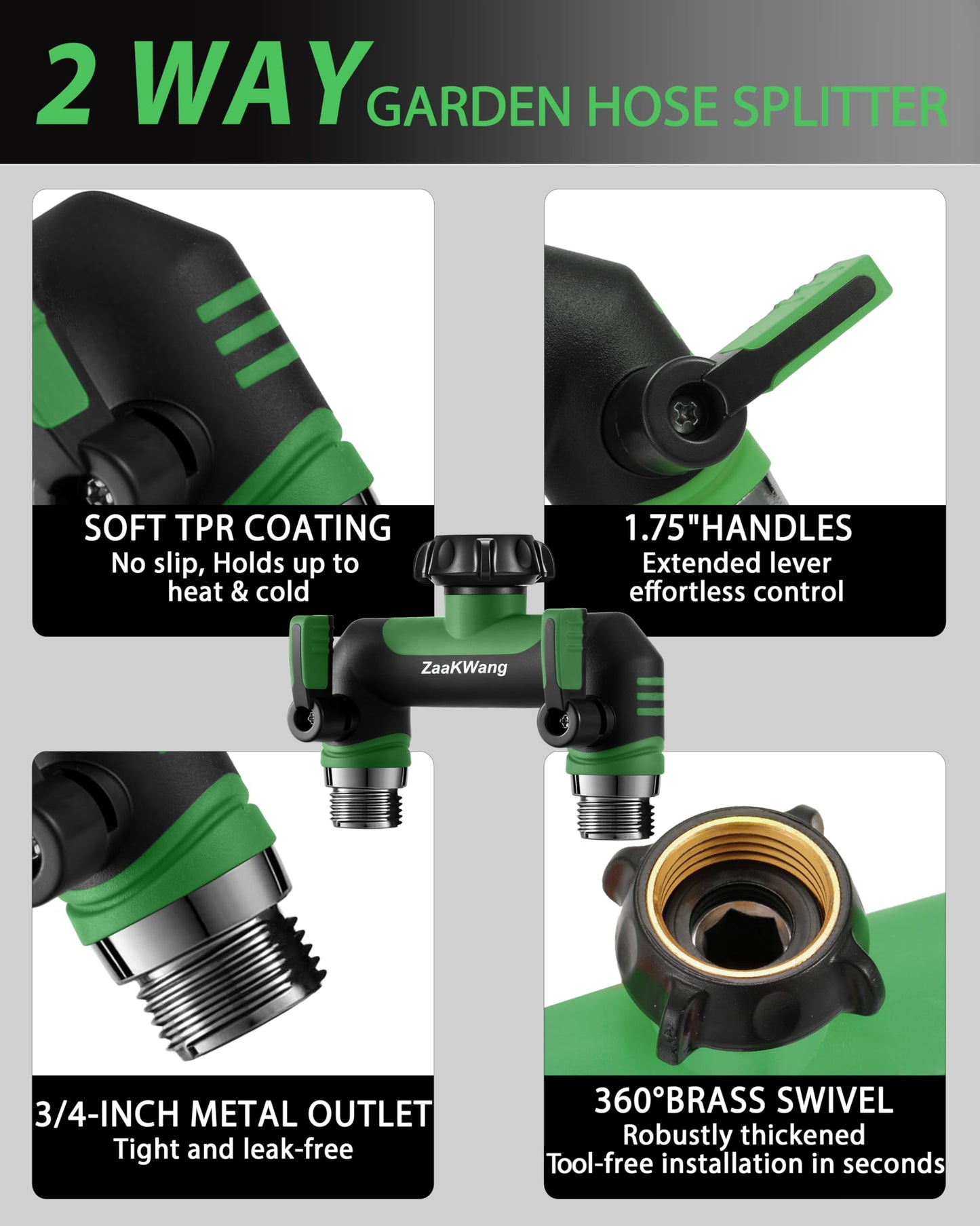 ZaakWang Garden Hose Splitter 2 Way, Heavy Duty Water Hose Spigot Bib Splitter, Outdoor Faucet Splitter with Shutoff Valve, T Adapter Connector with 3/4 - Inch GHT Thread (Green)