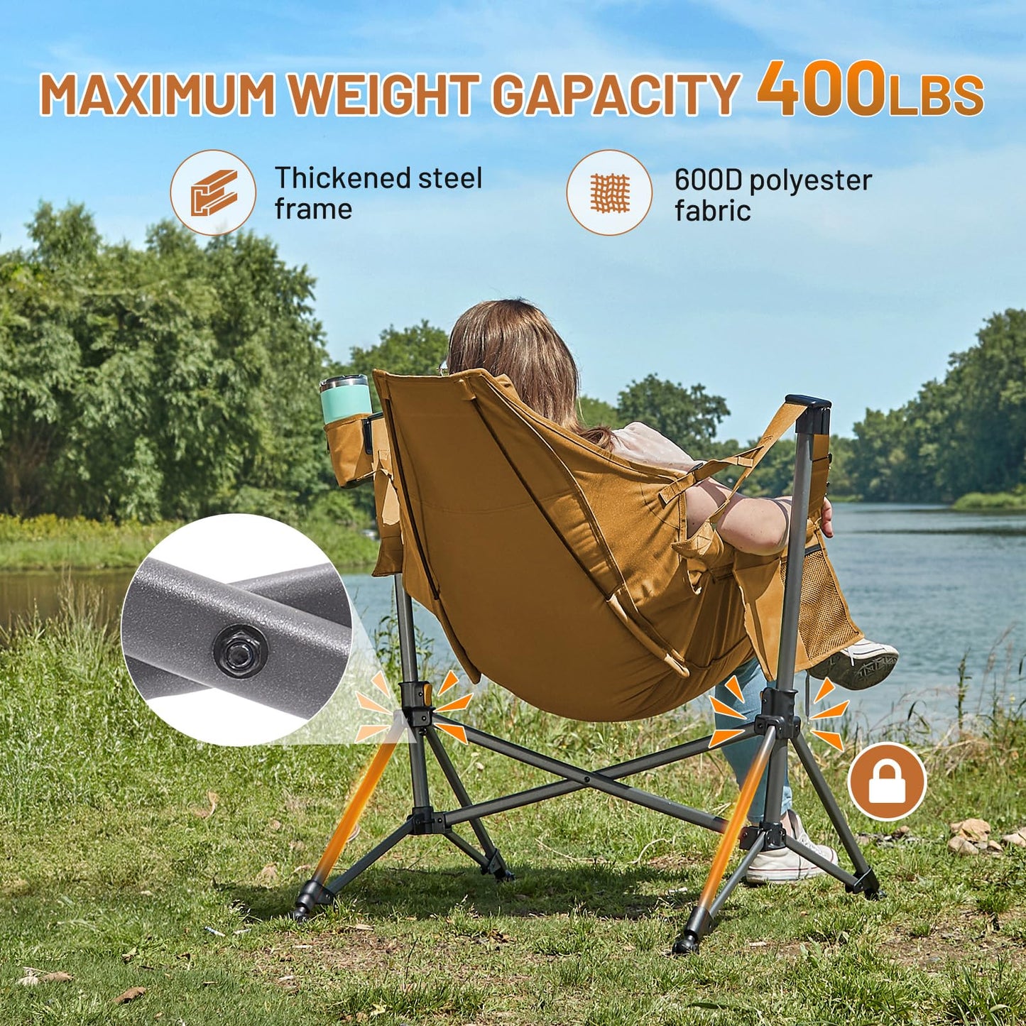 TIMBER RIDGE Hammock Camping Chair, Oversized Swinging Hammock Chair with Adjustable Back and Seat for Outdoor Lawn, Sports, Supports 400lbs, Orange