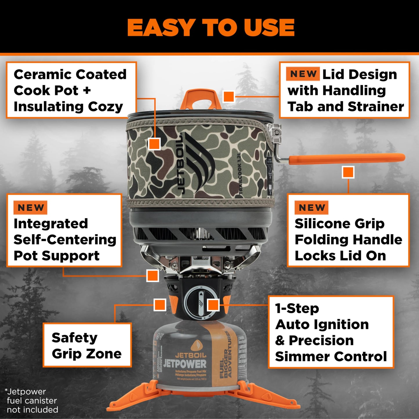 Jetboil TrailCook 1.2L Camping and Backpacking Stove Cooking System with Adjustable Heat Control, New for 2026, Duck Camo