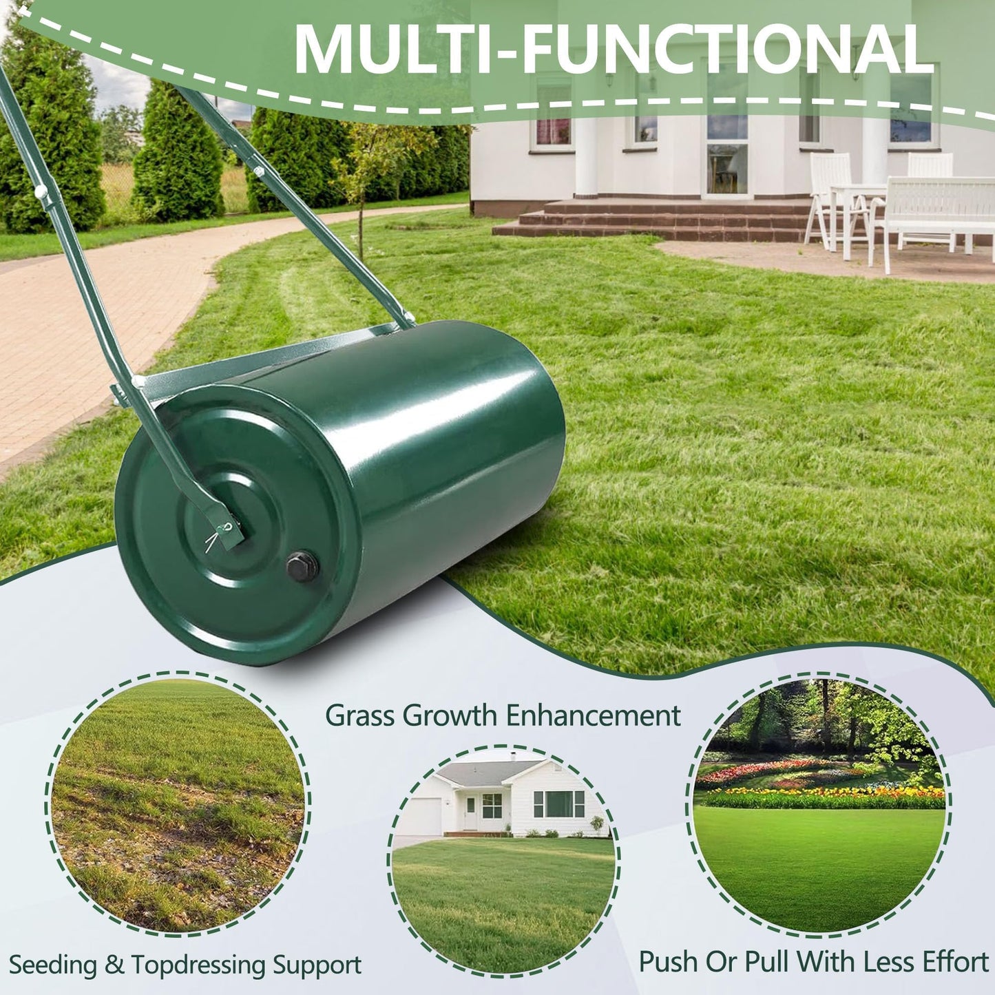 Garvee 9.5 Gallon Tow-Behind Lawn Roller | Water/Sand Fillable Garden Drum with u-Shape Handle | Heavy Duty Soil Leveler for Seeding, Sod, and Turf Maintenance