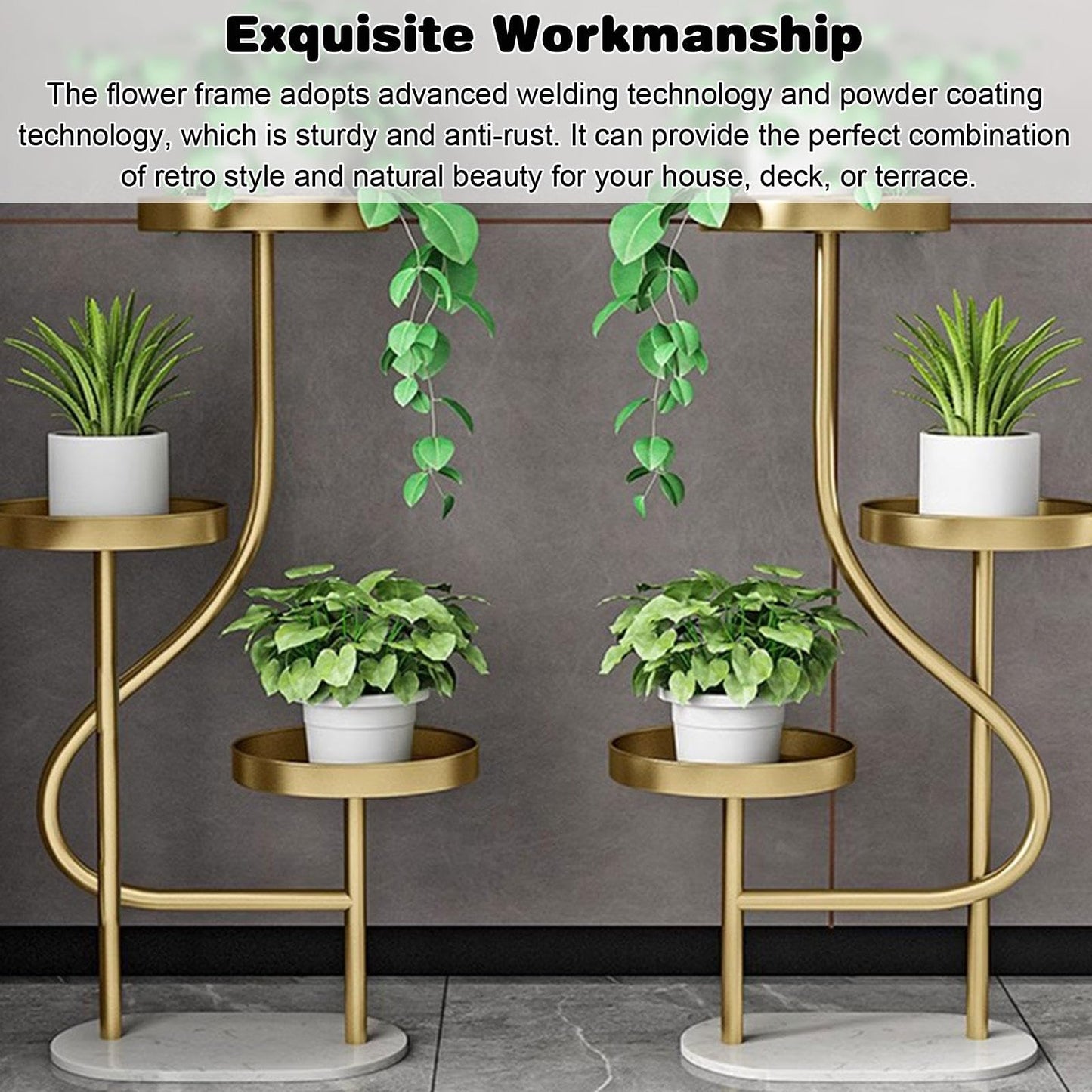 YEDECOR 3-Tier Corner Plant Stand Tall Marble Base Plant Pot Tray Display Stand Holder Indoor Outdoor Metal Flower Rack Ladder Shelf for Home Office Garden Patio Balcony Decor,Black
