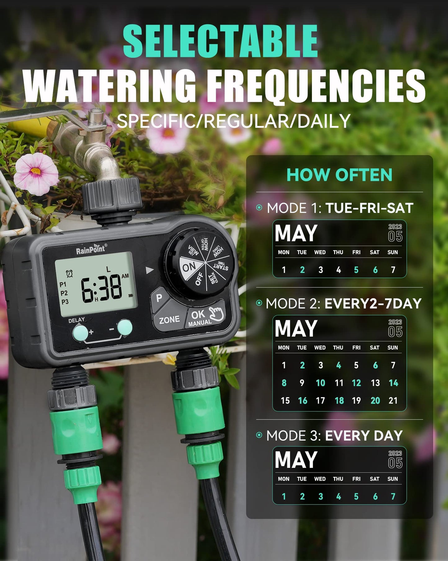 RAINPOINT Sprinkler Timer with 3 Different Programs, Hose Timer for Garden Hose with Rain Delay/Manual Watering/Automatic Irrigation System for Garden, 2 Outlet
