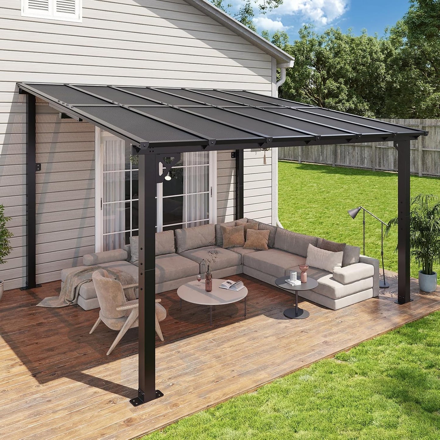 Aoxun 12'x 10' Premium Gazebo with Aluminum Top Frame & Polycarbonate Panel, Wall Mounted Gazebos Pergola, Outdoor Patio Lean to Gazebo, Awnings with Sloped Roof, for Backyard, Porch, Deck