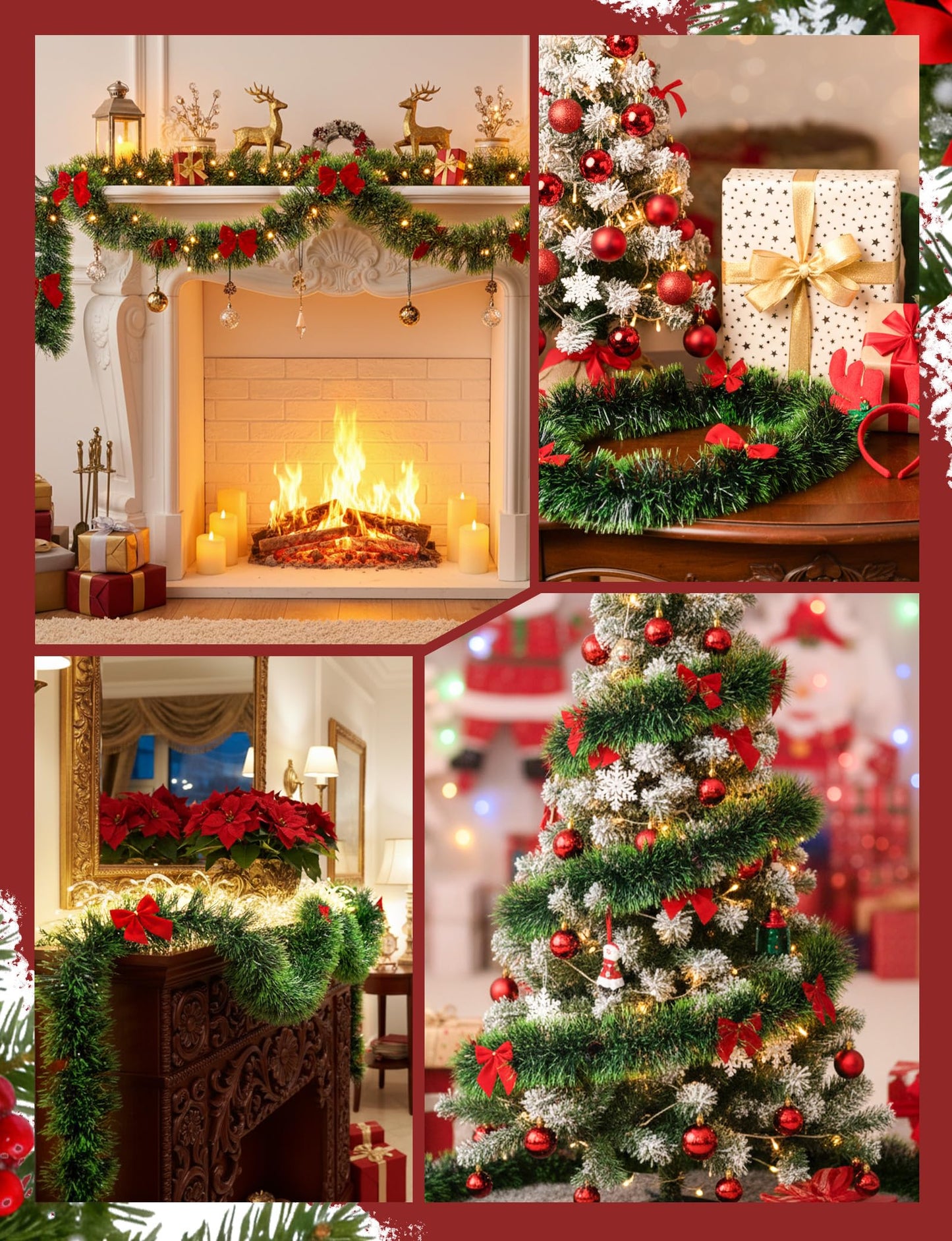 Christmas Tinsel Garland with Light Green Tips (Total 29.7FT) and 27 Red Bows, Festive Pine Garland for Staircase Fireplace Mantle Xmas Tree and Home Party Decor (9.9FT * 3PCS)