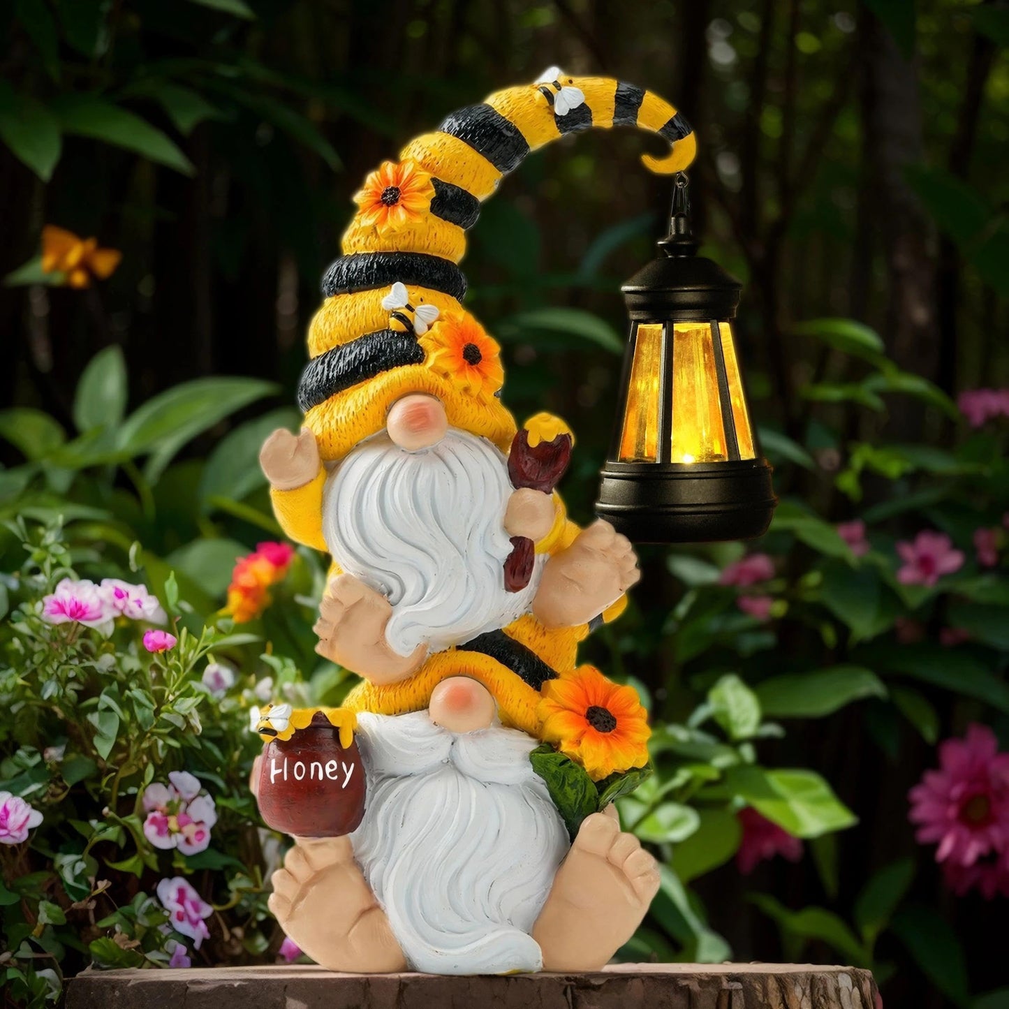 QZZP Solar Bee Garden Gnomes with LED Lantern – Waterproof Stacked Outdoor Decor for Yard, Patio – Unique Gnome Gift for Women, Mom, Grandma (Weatherproof Resin, Outdoor Statues)