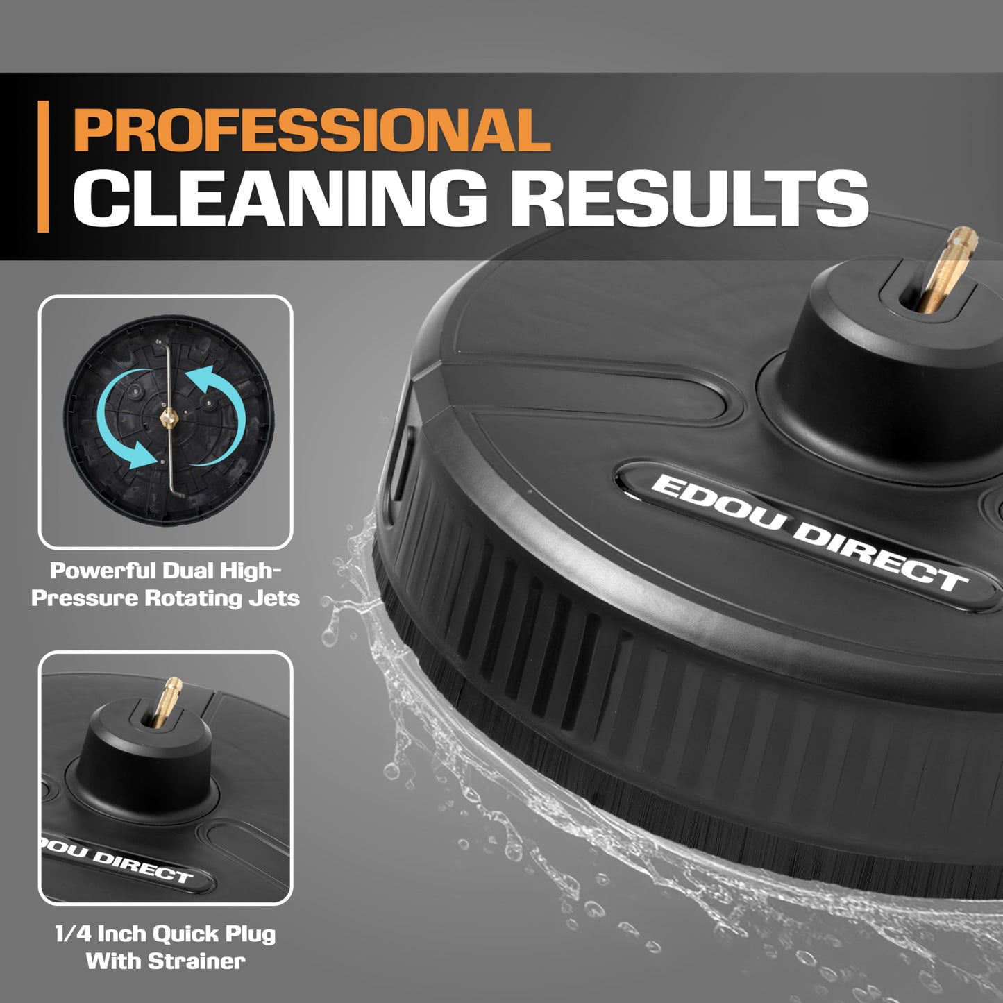 Edou Direct Pressure Washer Surface Cleaner - Heavy-Duty Plastic - 15'' - Black - Dual Spinning Nozzles for Fast Cleaning - Compatible with Most Electric Pressure Washers - 1/4 Inch Quick-Connect