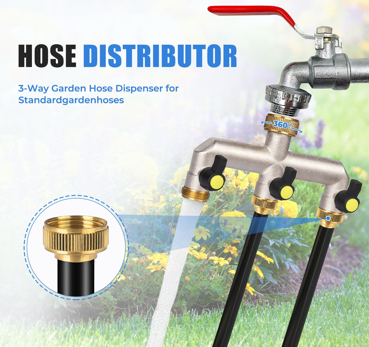 Anstore Garden Hose Splitter, 3/4" Water Hose Splitter 3 Way Heavy Duty with 3 Black Handle, Brass Nickel Plated Outdoor Faucet Splitter Water Spigot Splitter Manifold Rust and Freeze Resistant