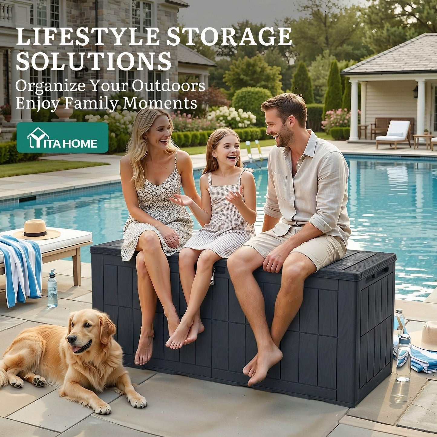 YITAHOME 134 Gallon Large Deck Box, Waterproof Resin Outdoor Storage Box with Lock, Doubles as 2-Person Bench Seating for Patio Furniture Cushions,Garden Tools & Pool Accessories, Dark Gray