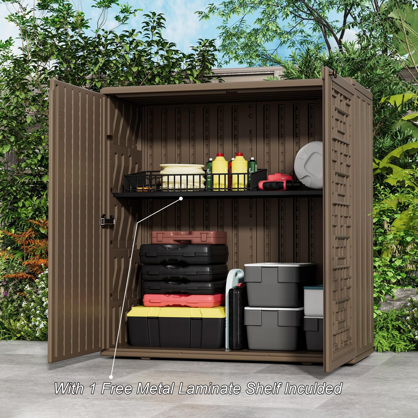 HOMSPARK Indoor/Outdoor Storage Cabinet with Doors and Shelf, 34”x16”x36” HDPE Plastic Storage Box for Patio, Balcony, Multi-Purpose for Tools, Brown